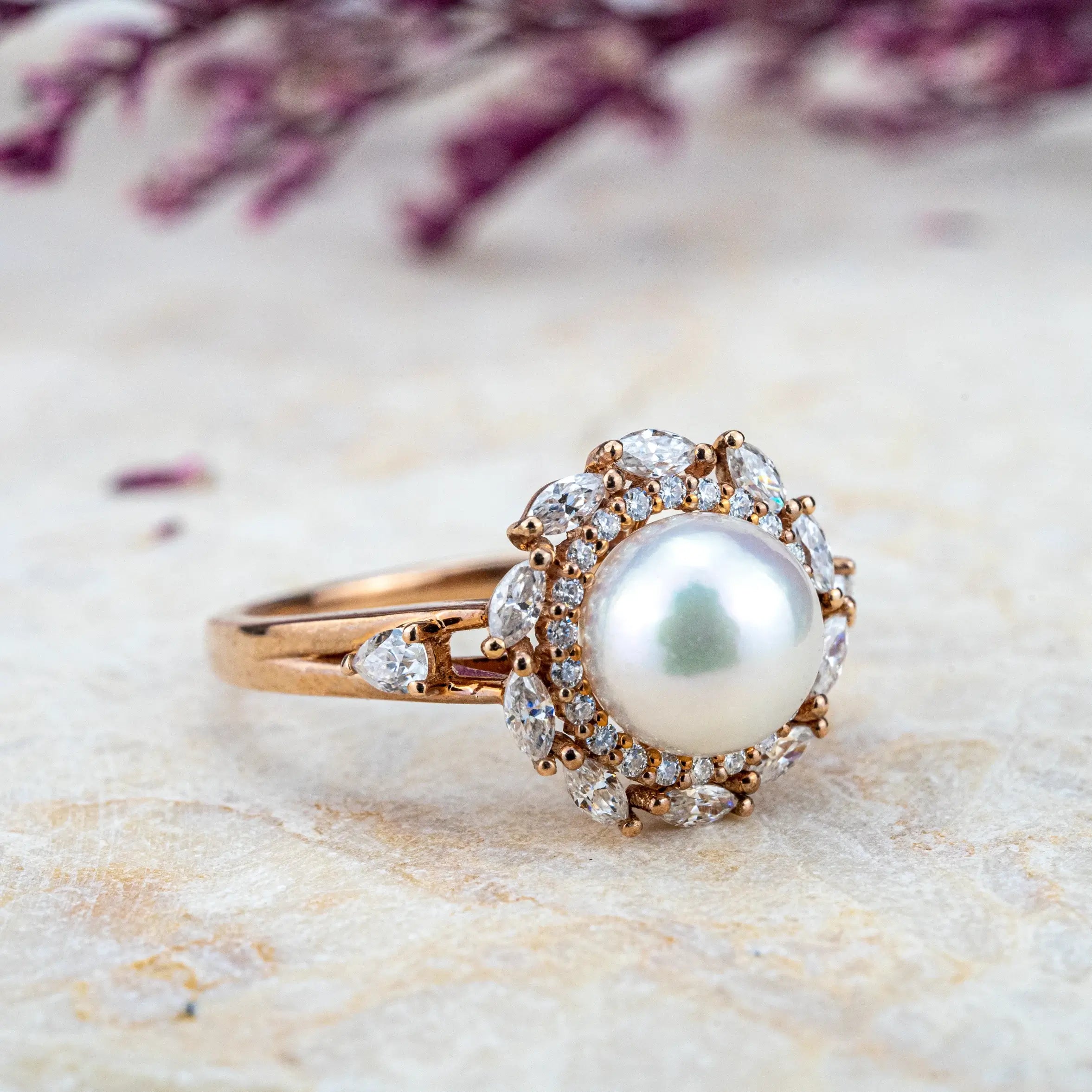 Pearl Blossom Halo Ring – Akoya Pearl and Moissanite Petal Design Luxury Engagement Rings | ORLEONE