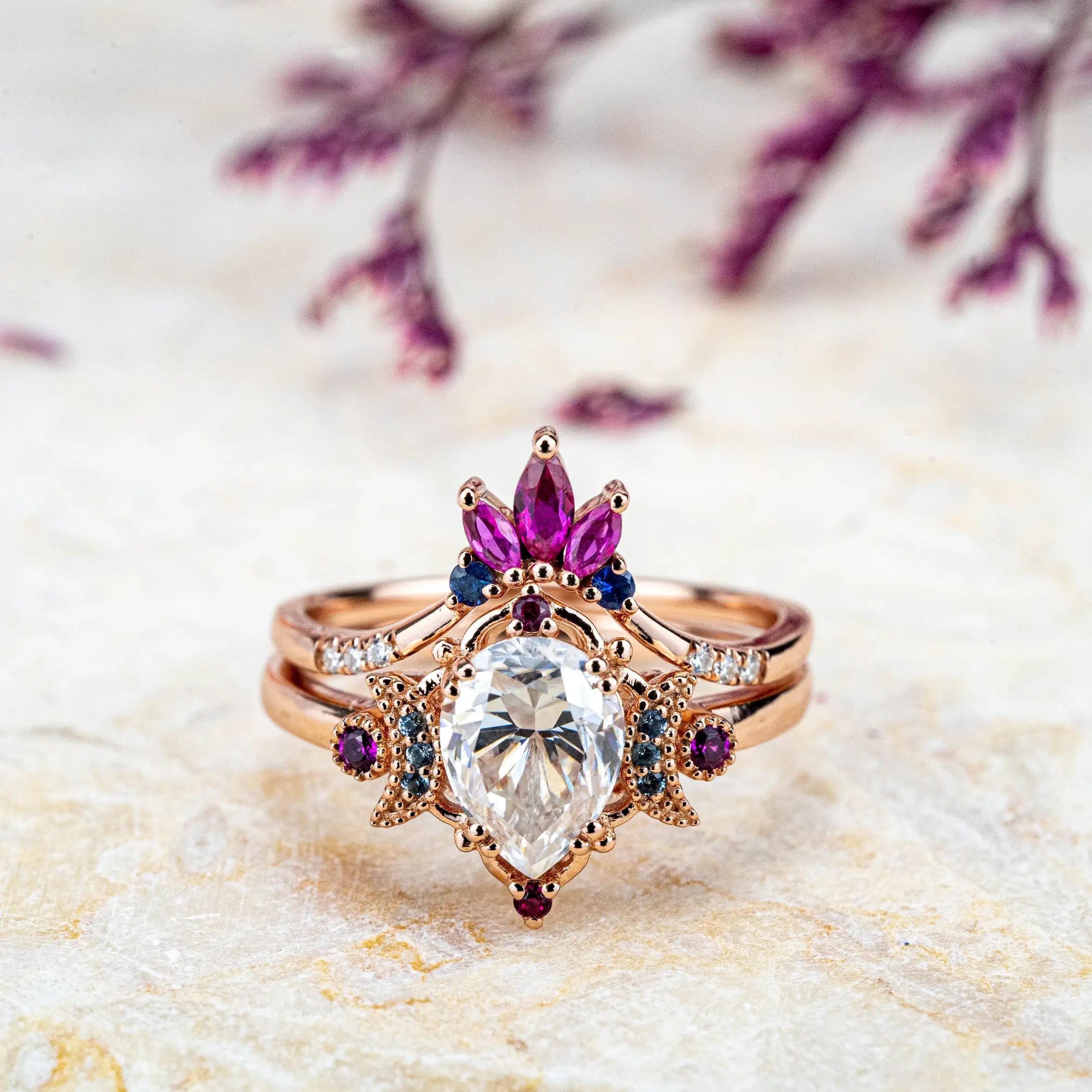 Celestial Moissanite Engagement Rings Set | Custom Vintage Luxury Bridal Sets Pear Cut Gemstone