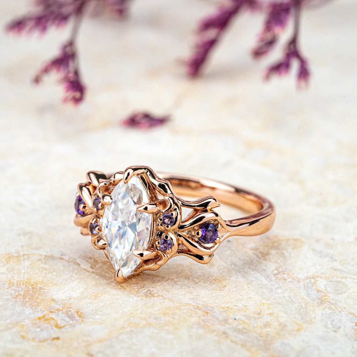 Spider-Inspired Moissanite Ring with Amethyst Accents – Unique Artistic Design for  ladie love gift