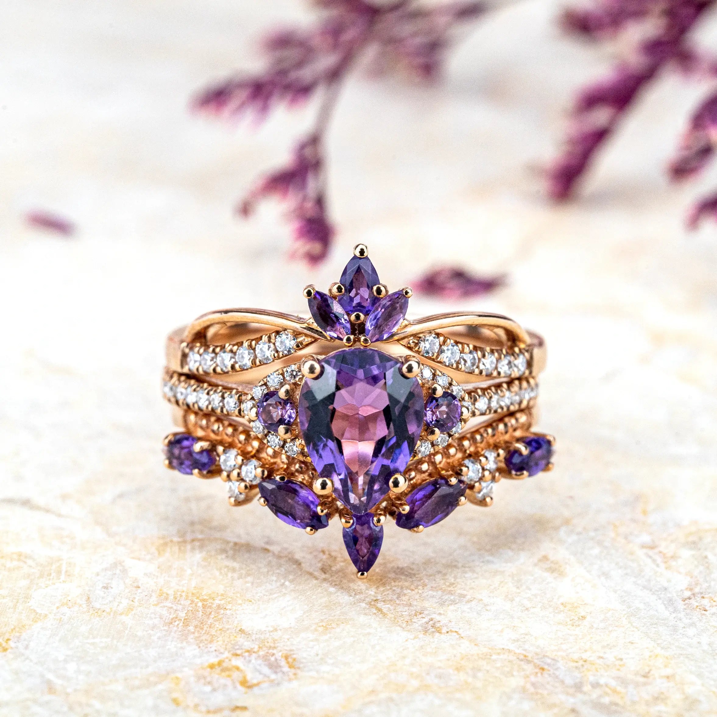 Ring three piece set Royal Amethyst Trine Ring Set – Vintage-Inspired Elegance February Birthstone Ring