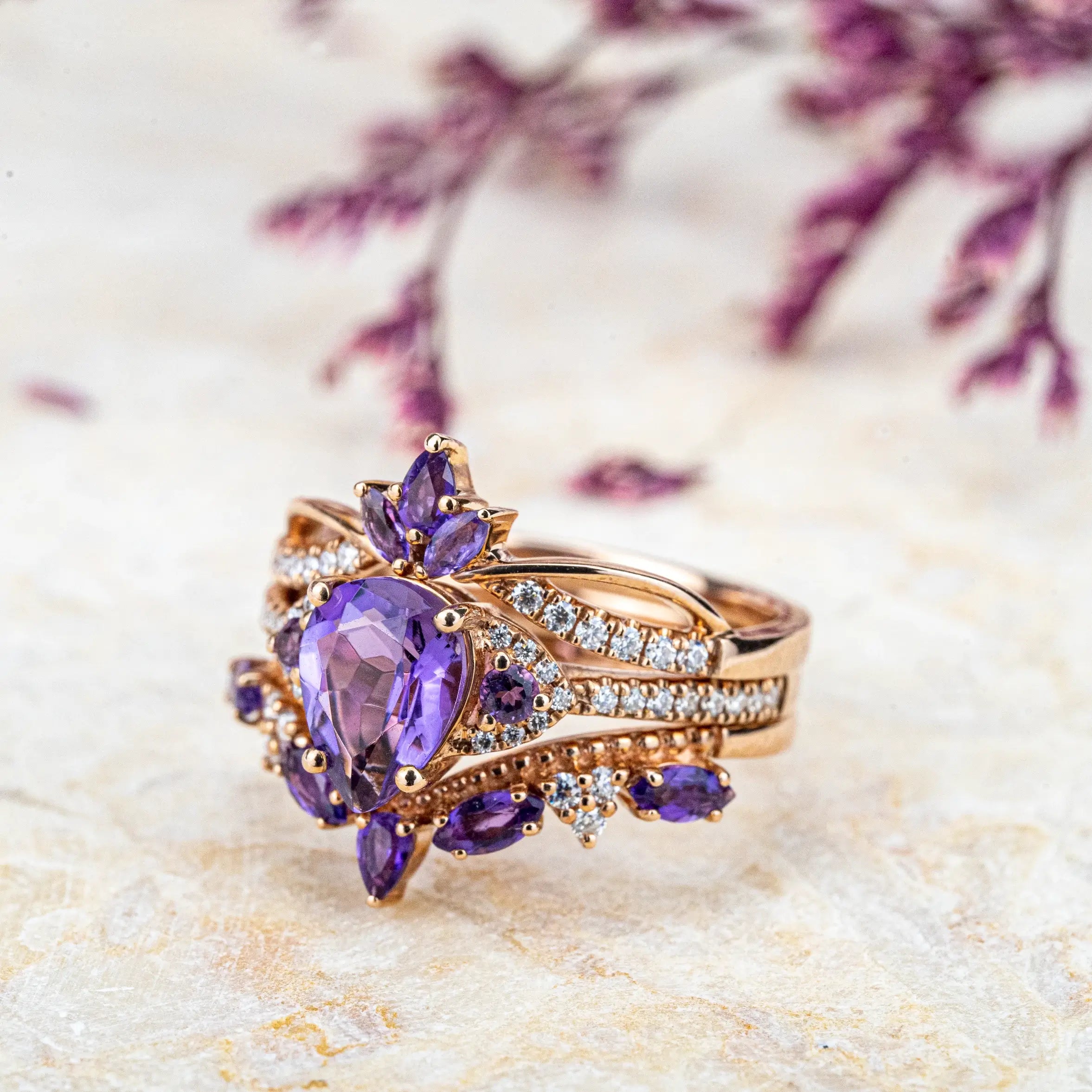 Ring three piece set Royal Amethyst Trine Ring Set – Vintage-Inspired Elegance February Birthstone Ring