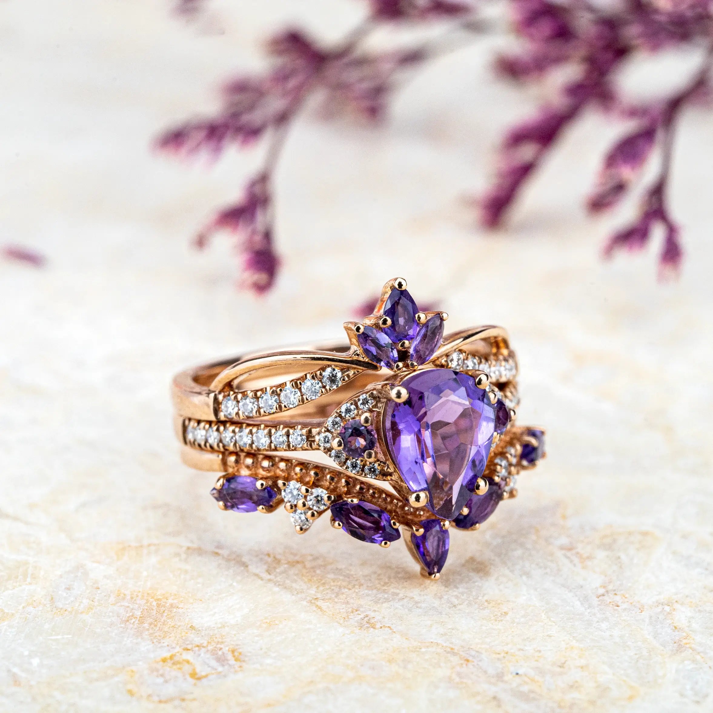 Ring three piece set Royal Amethyst Trine Ring Set – Vintage-Inspired Elegance February Birthstone Ring