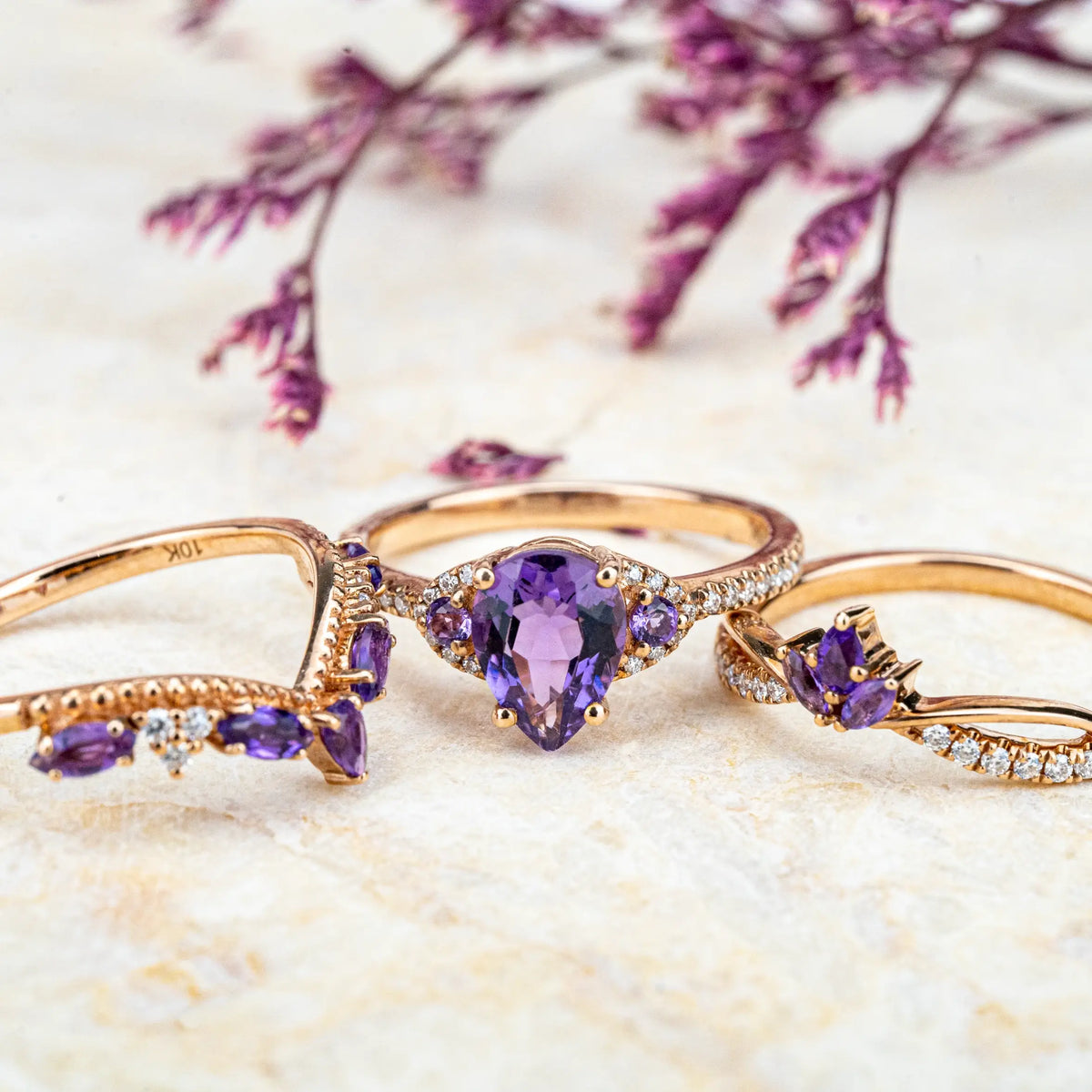 Ring three piece set Royal Amethyst Trine Ring Set – Vintage-Inspired Elegance February Birthstone Ring