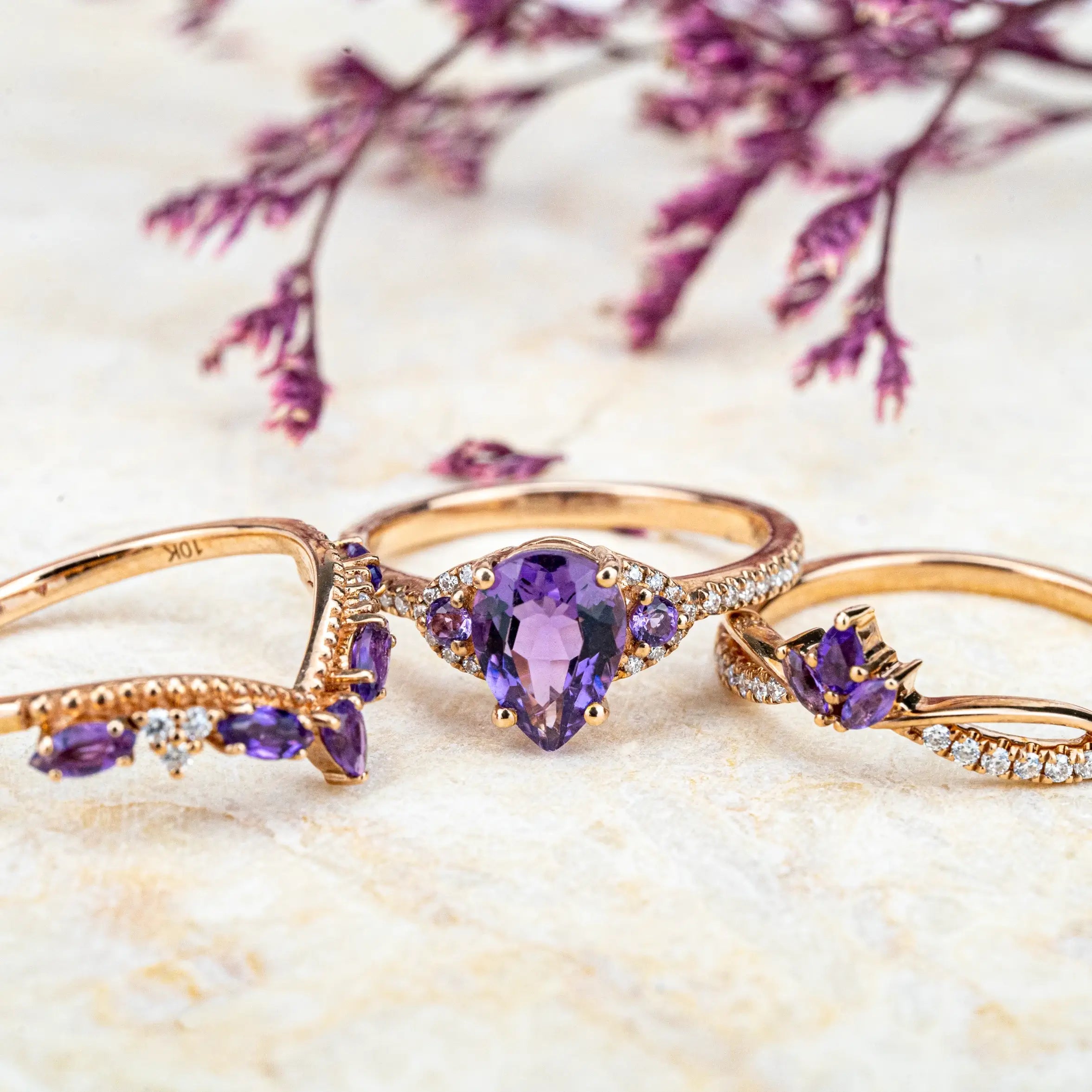 Ring three piece set Royal Amethyst Trine Ring Set – Vintage-Inspired Elegance February Birthstone Ring