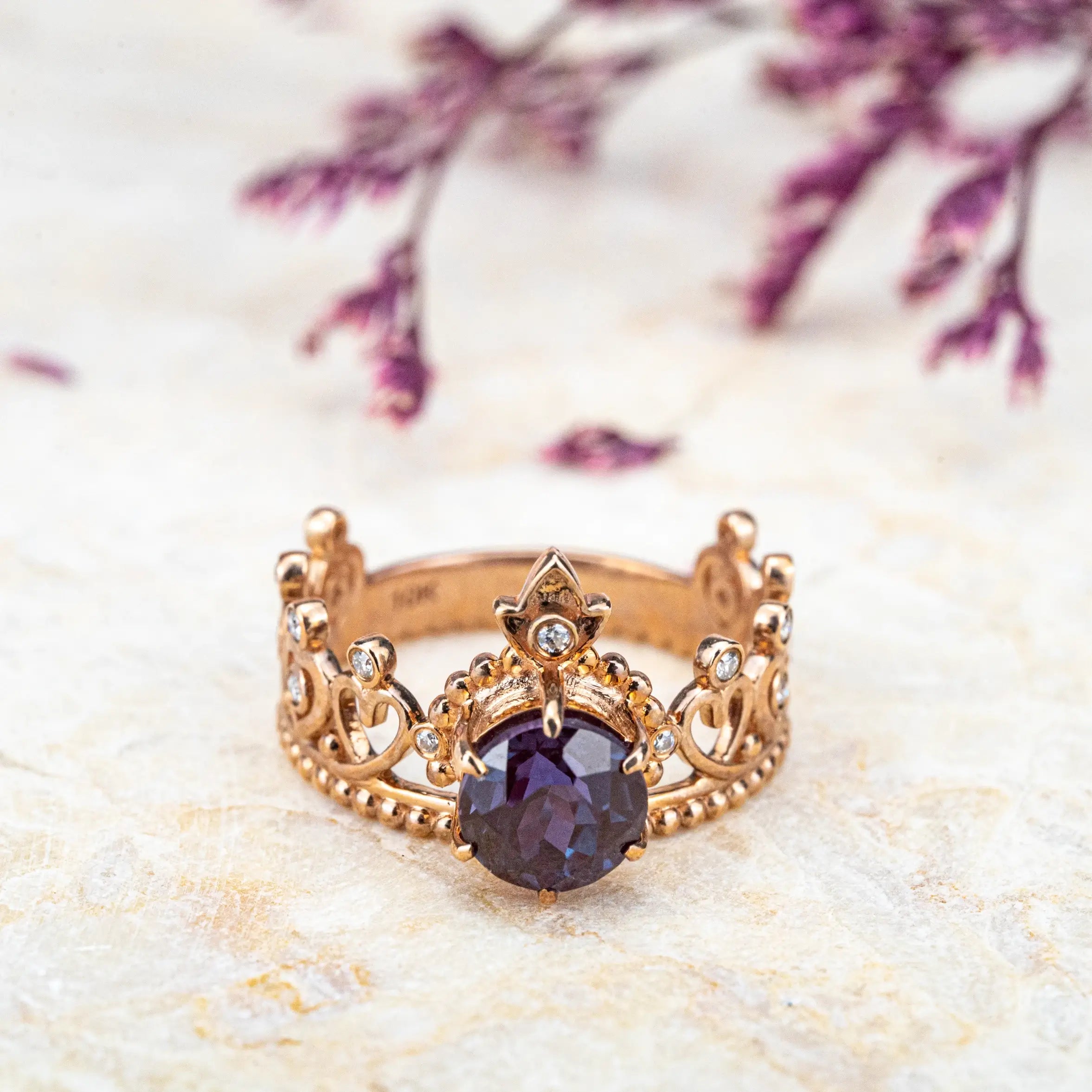 Vintage Crown Alexandrite Ring – Handcrafted 14K Gold Engagement Rings queen design jewelry