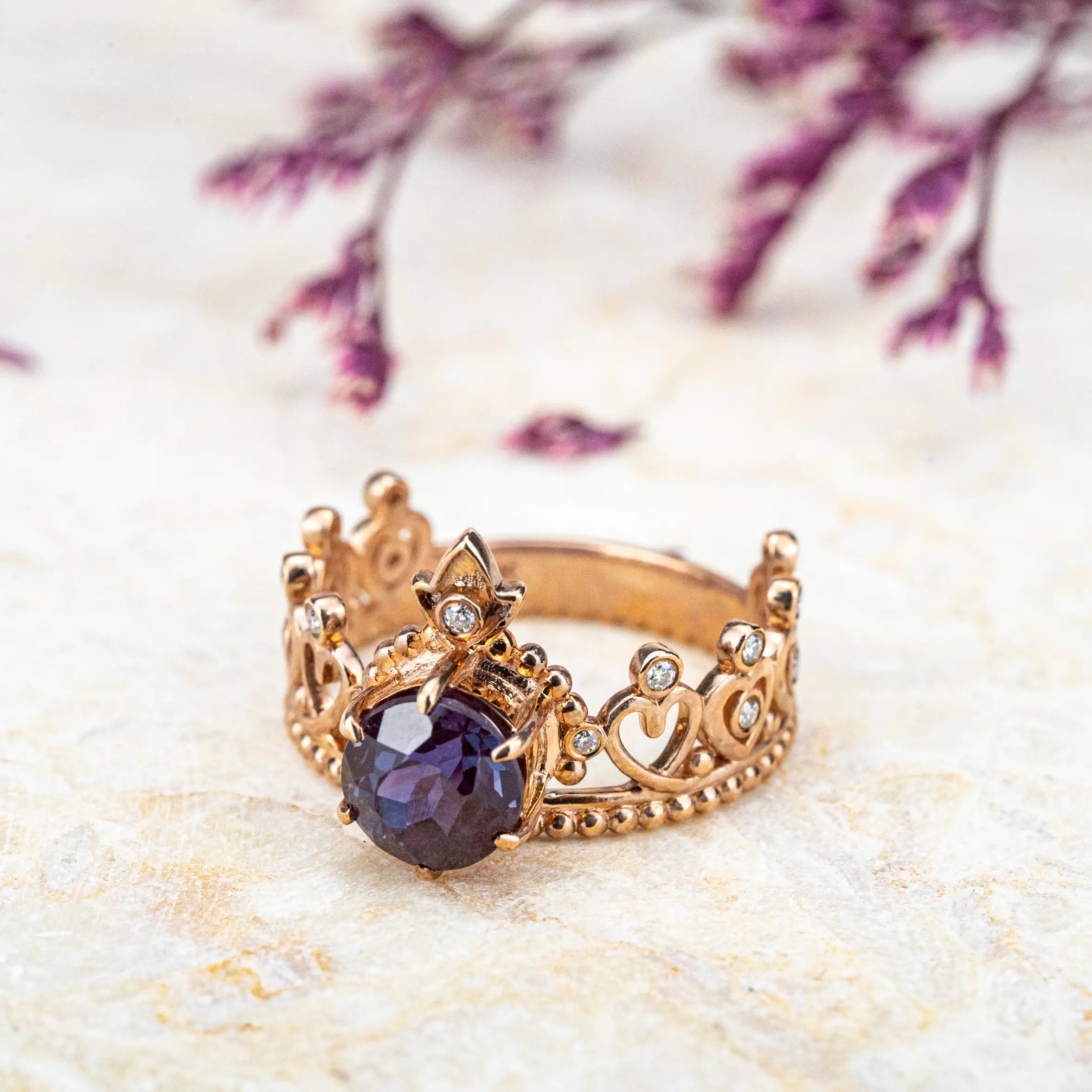 Vintage Crown Alexandrite Ring – Handcrafted 14K Gold Engagement Rings queen design jewelry