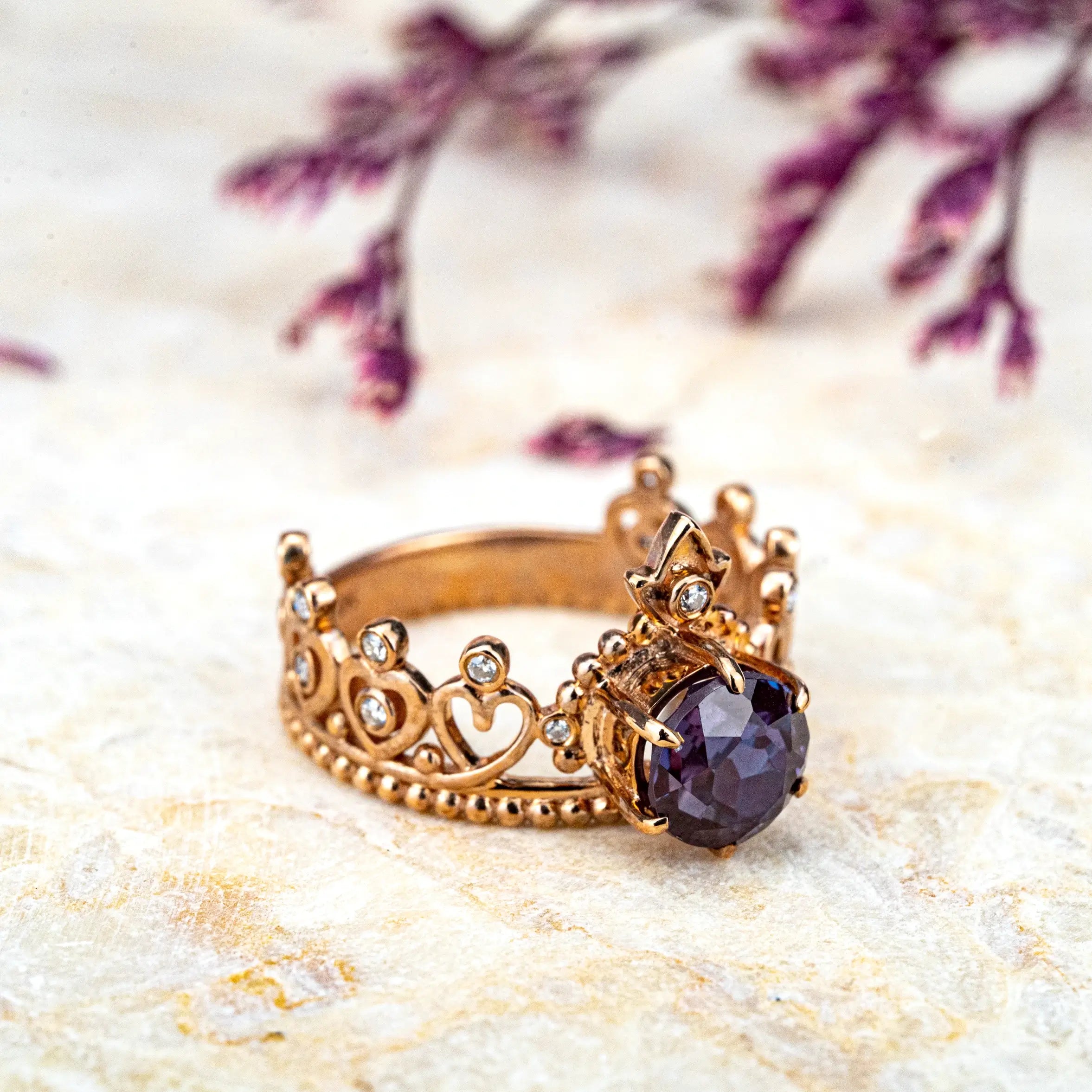 Vintage Crown round cut Alexandrite Ring – Handcrafted 14K Gold Engagement Rings queen design jewelry