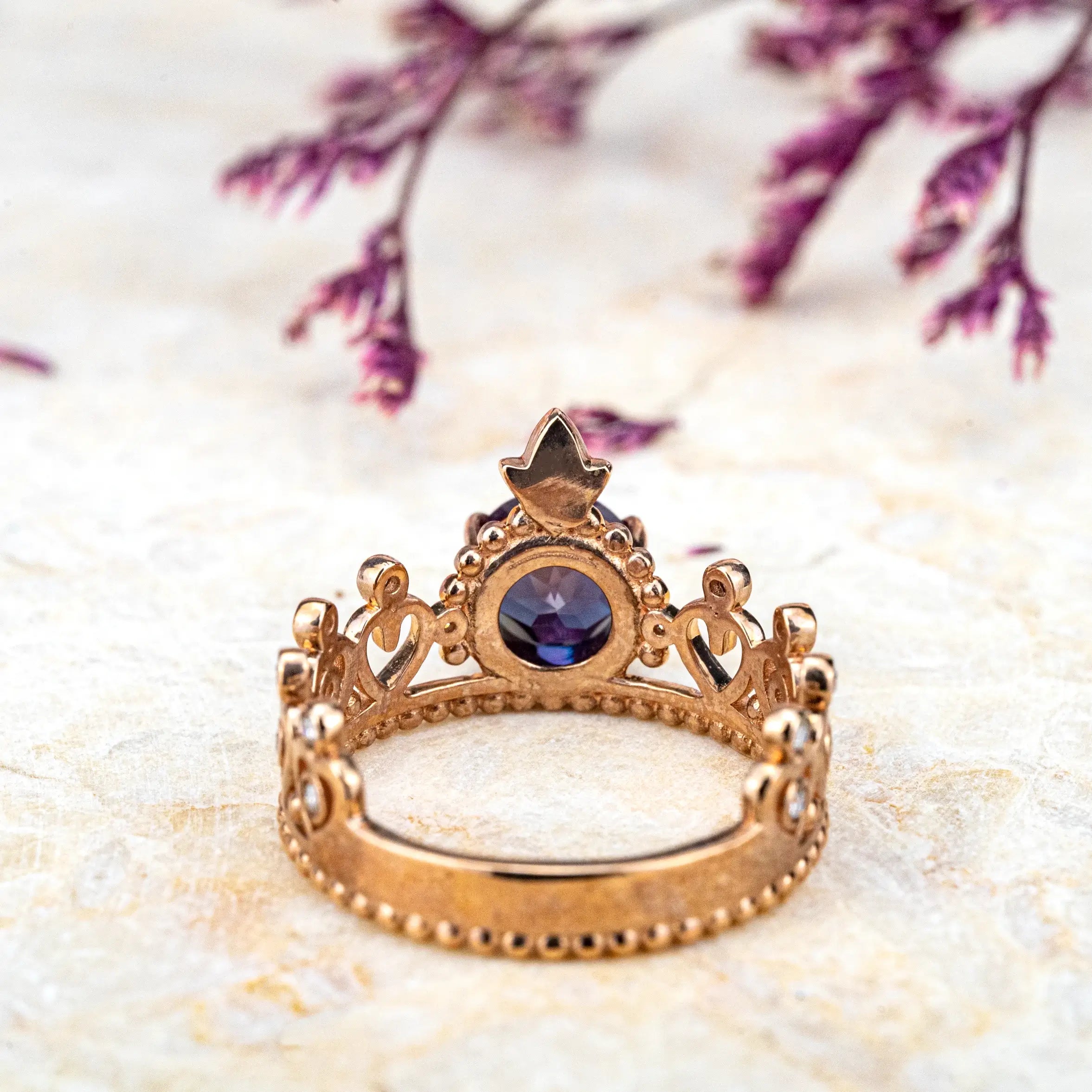 Vintage Crown round cut Alexandrite Ring – Handcrafted 14K Gold Engagement Rings queen design jewelry