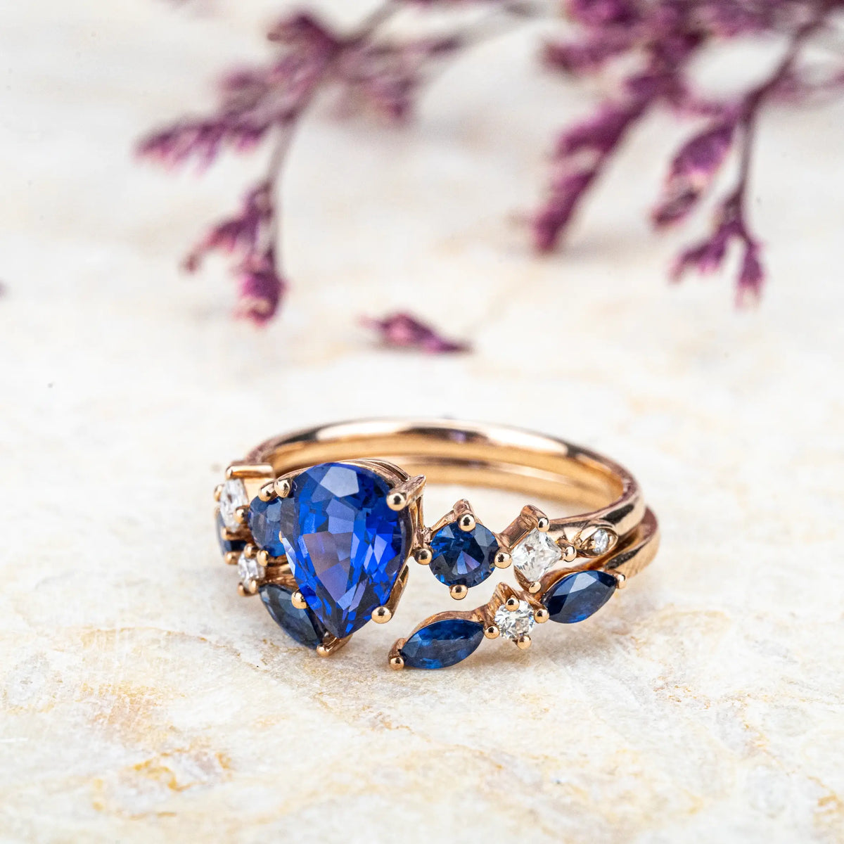 Sapphire Seven-Stone Ring Set – Pear Cut Sapphire Noble and Luxurious Rrt Ring CUSTOM  Bridal Sets For ladies