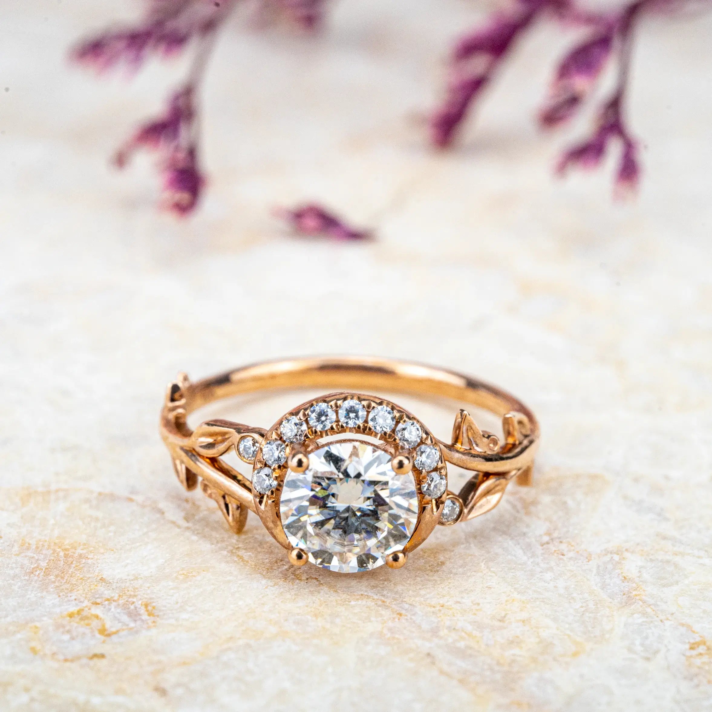 custom jewelry Moissanite Ring Halo Leaf Engagement Rings Nature-Inspired | Orleone