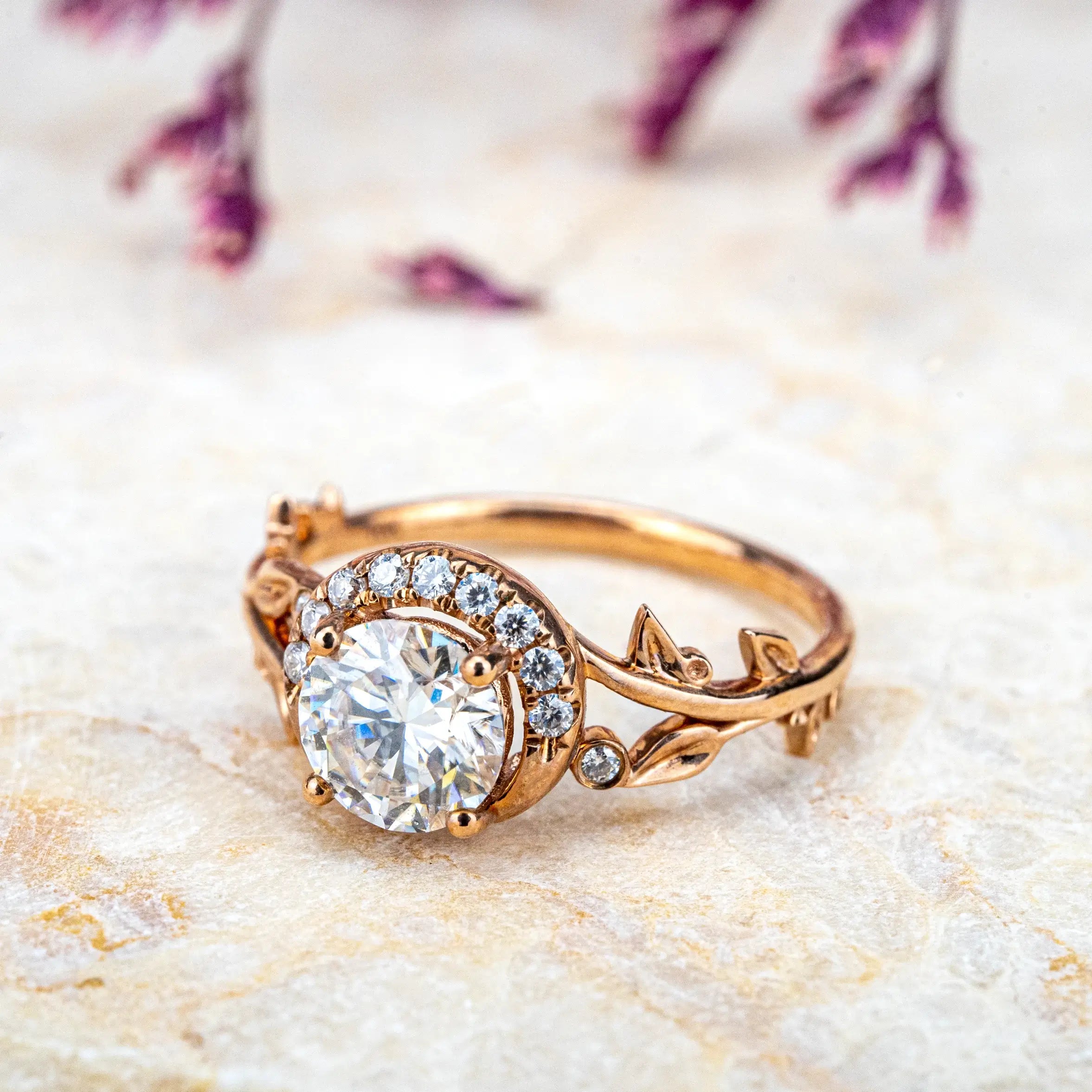 custom jewelry Moissanite Ring Halo Leaf Engagement Rings Nature-Inspired | Orleone