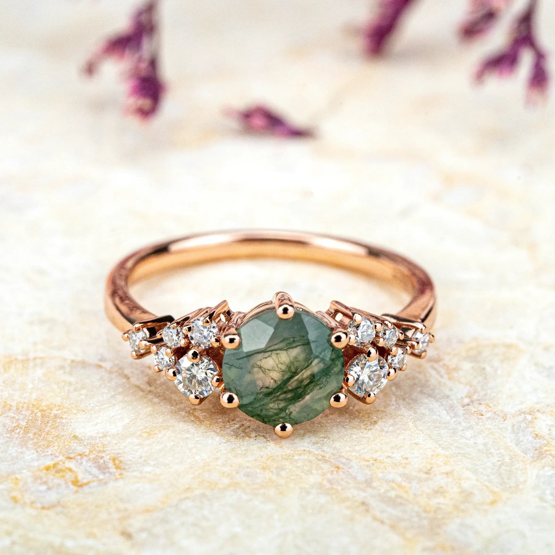 orleone jewelry custom handmade Round-Cut Moss Agate Cluster Engagement Rings for women gift