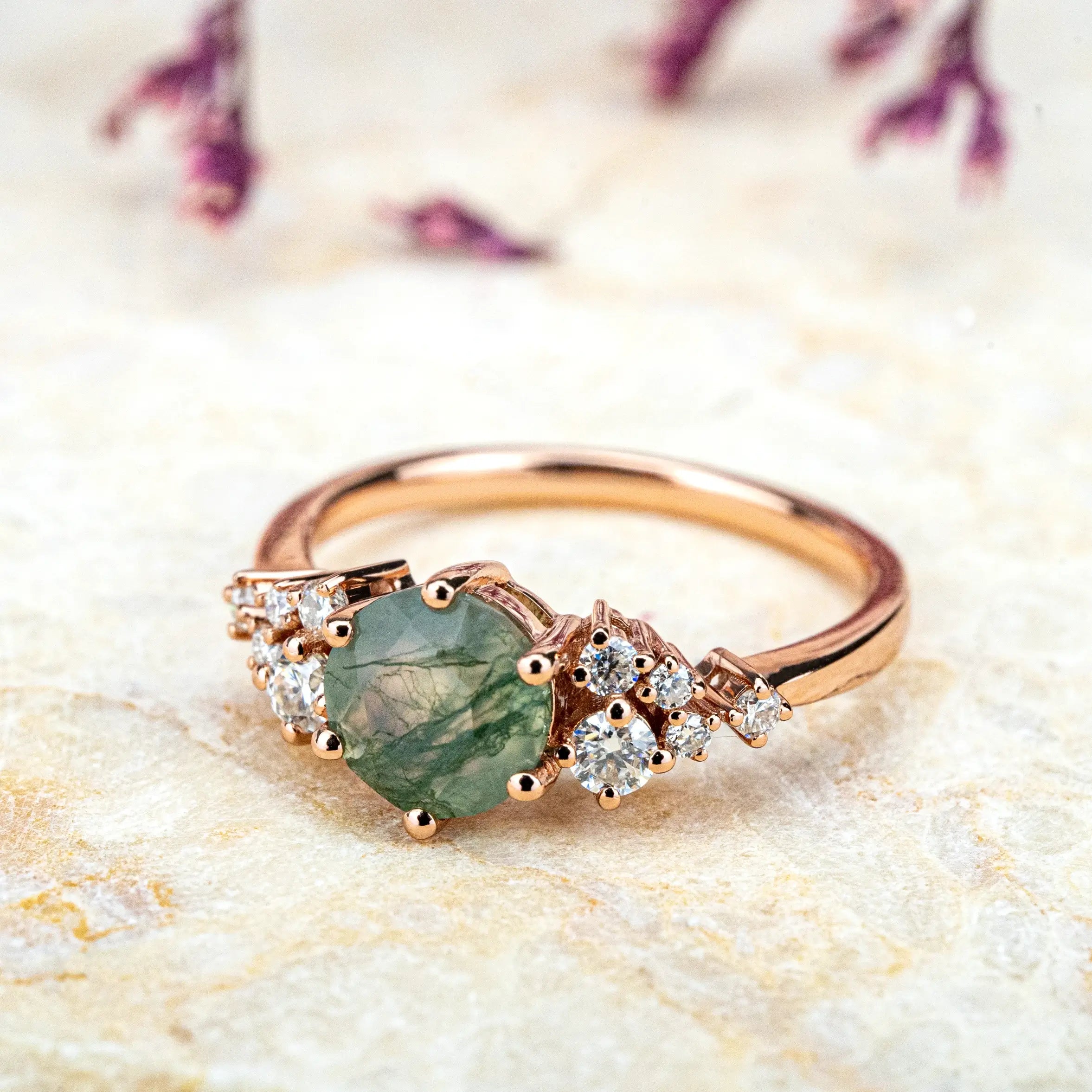 orleone jewelry custom handmade Round-Cut Moss Agate Cluster Engagement Rings for women gift