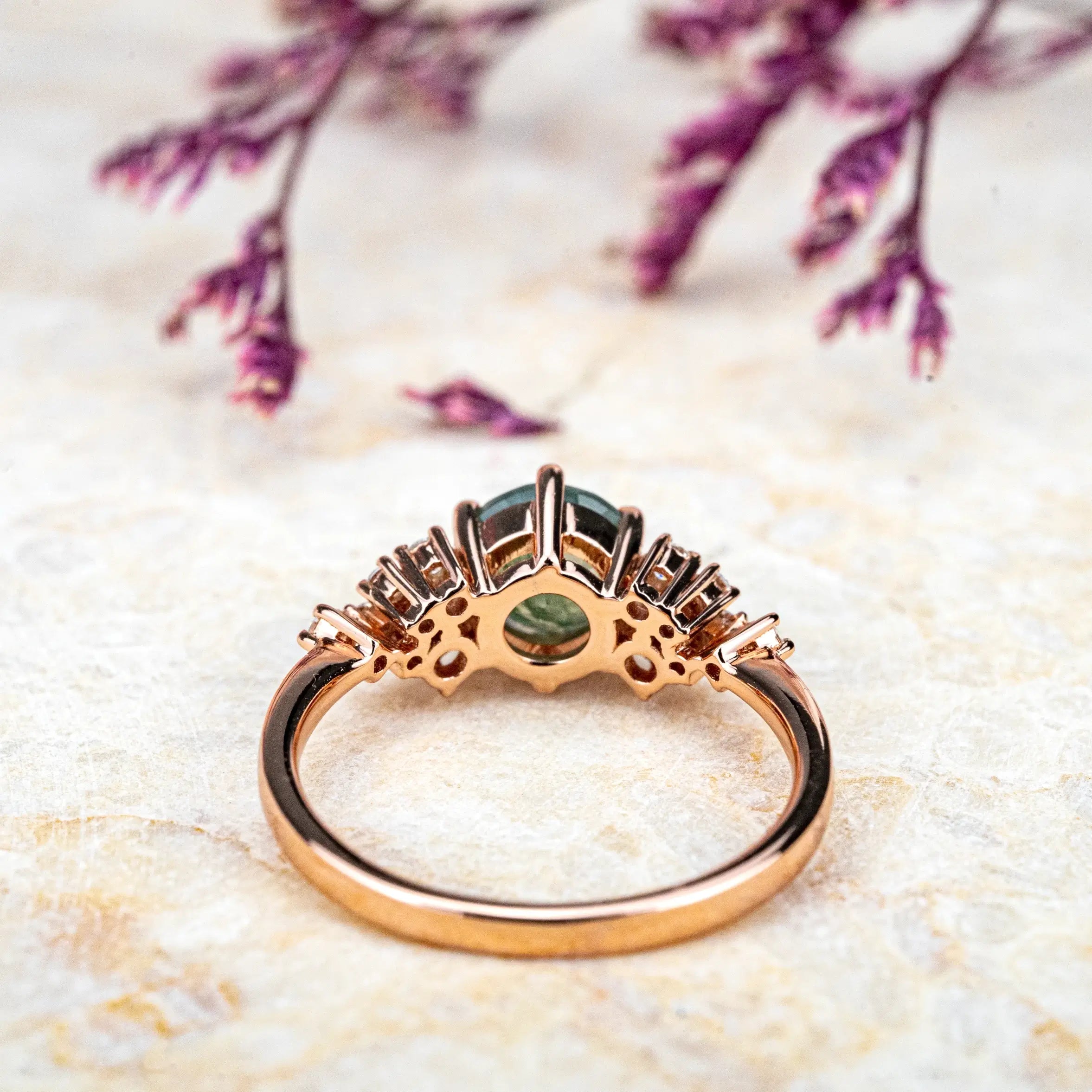 Verdantia Round-Cut Moss Agate Cluster Engagement Rings