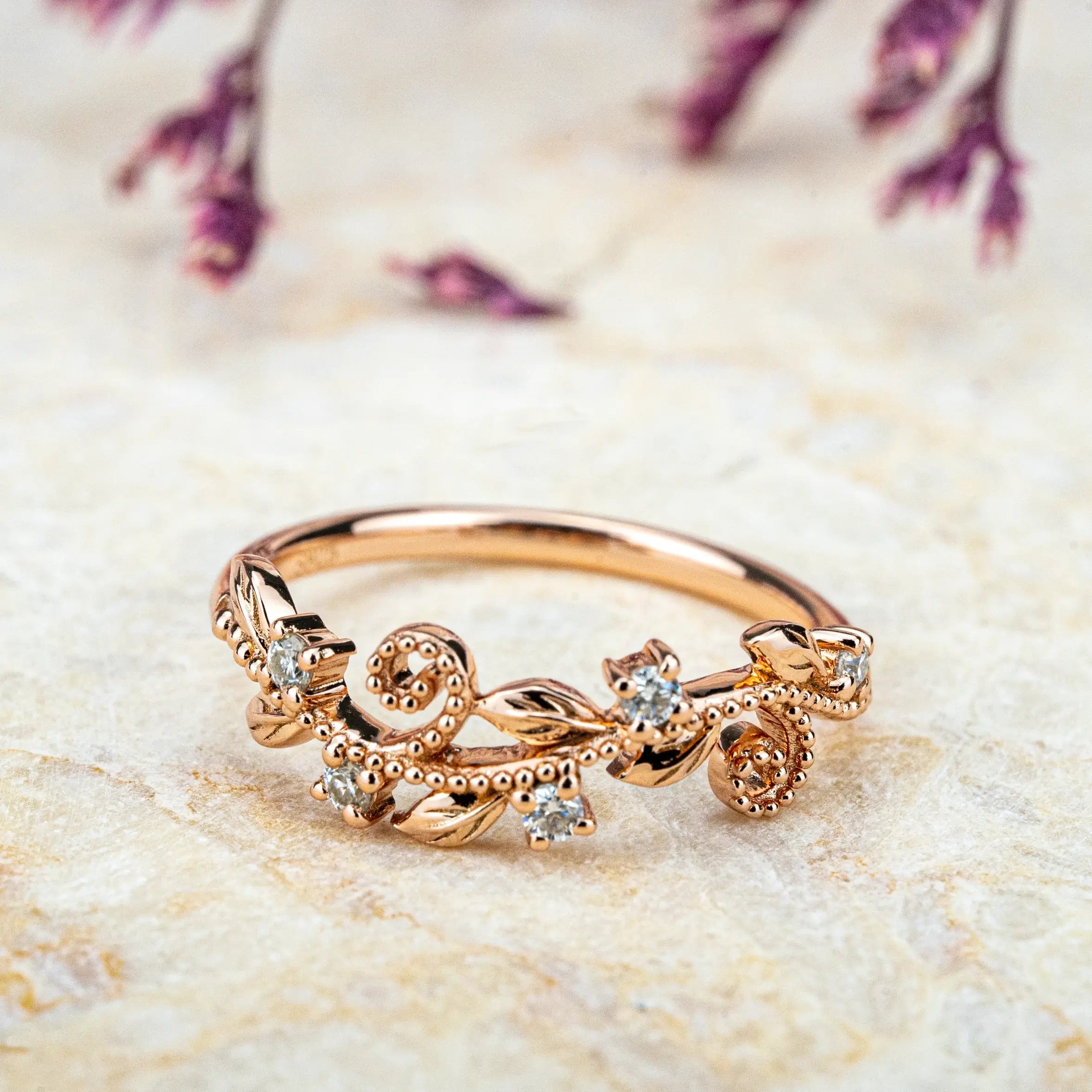 Diamond Leaf Rings – Nature-Inspired Wedding Band