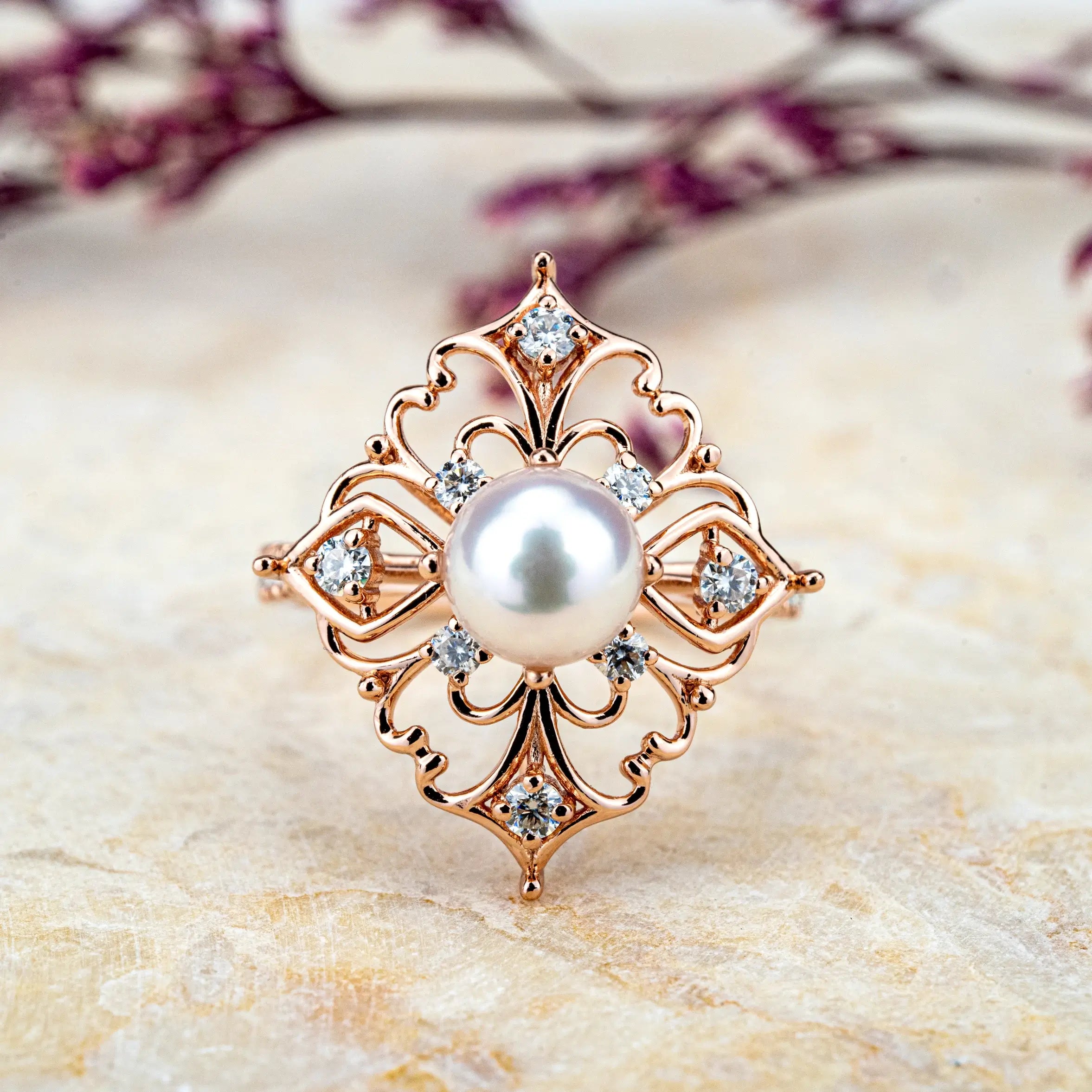 handmade custom Akoya Pearl Vintage Engagement Ring, Unique Design Jewelry,18k rose gold ring