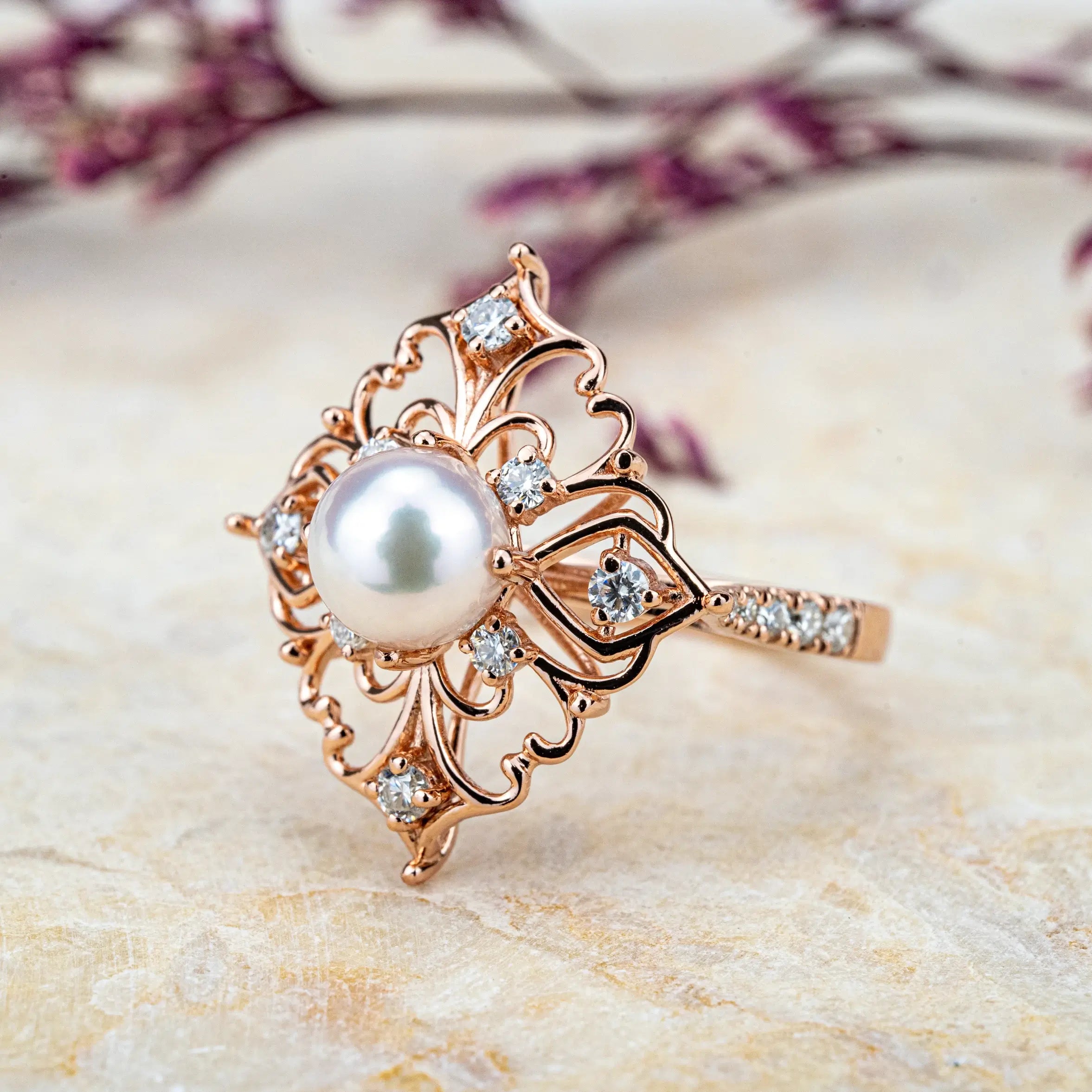 handmade custom Akoya Pearl Vintage Engagement Ring, Unique Design Jewelry,18k rose gold ring