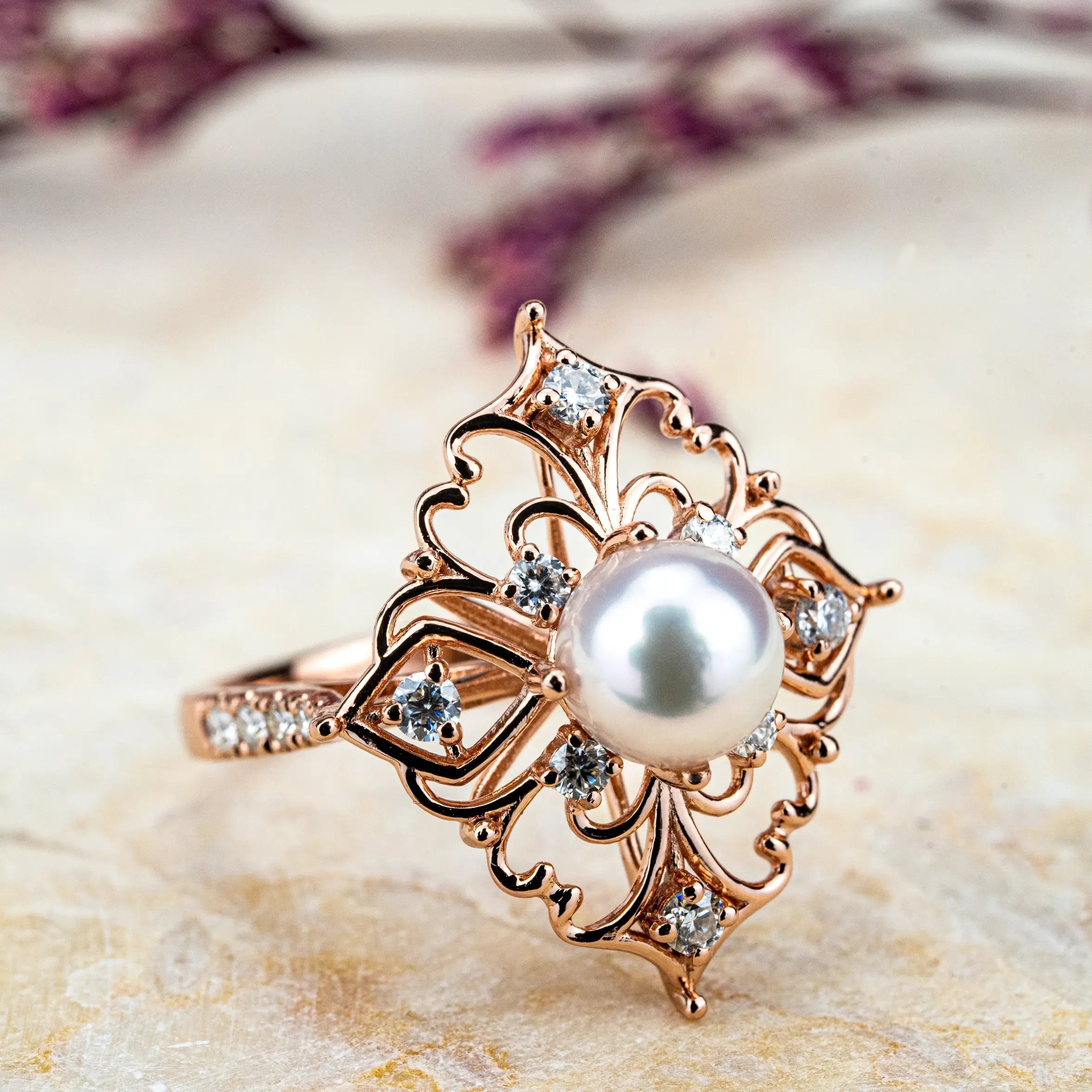 handmade custom Akoya Pearl Vintage Engagement Ring, Unique Design Jewelry,18k rose gold ring