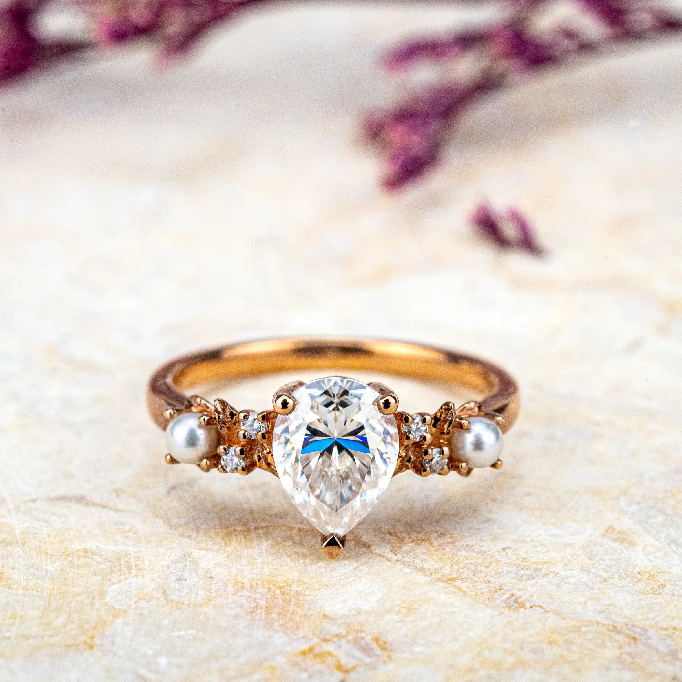 Custom Nature-Inspired Moissanite Engagement Ring with Pearl Accents Unique anniversary ring for ladies