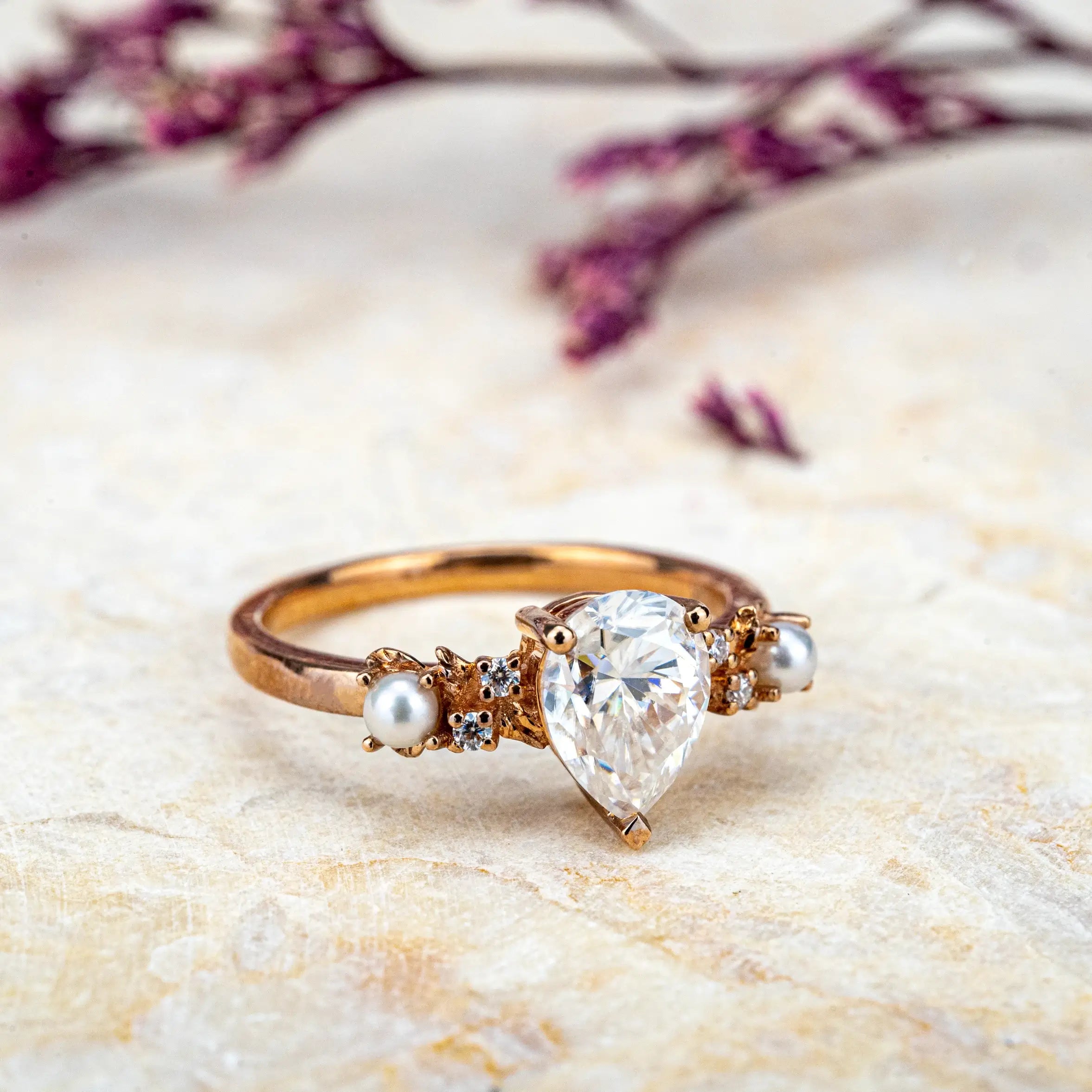 Custom Nature-Inspired Moissanite Engagement Ring with Pearl Accents Unique anniversary ring for ladies