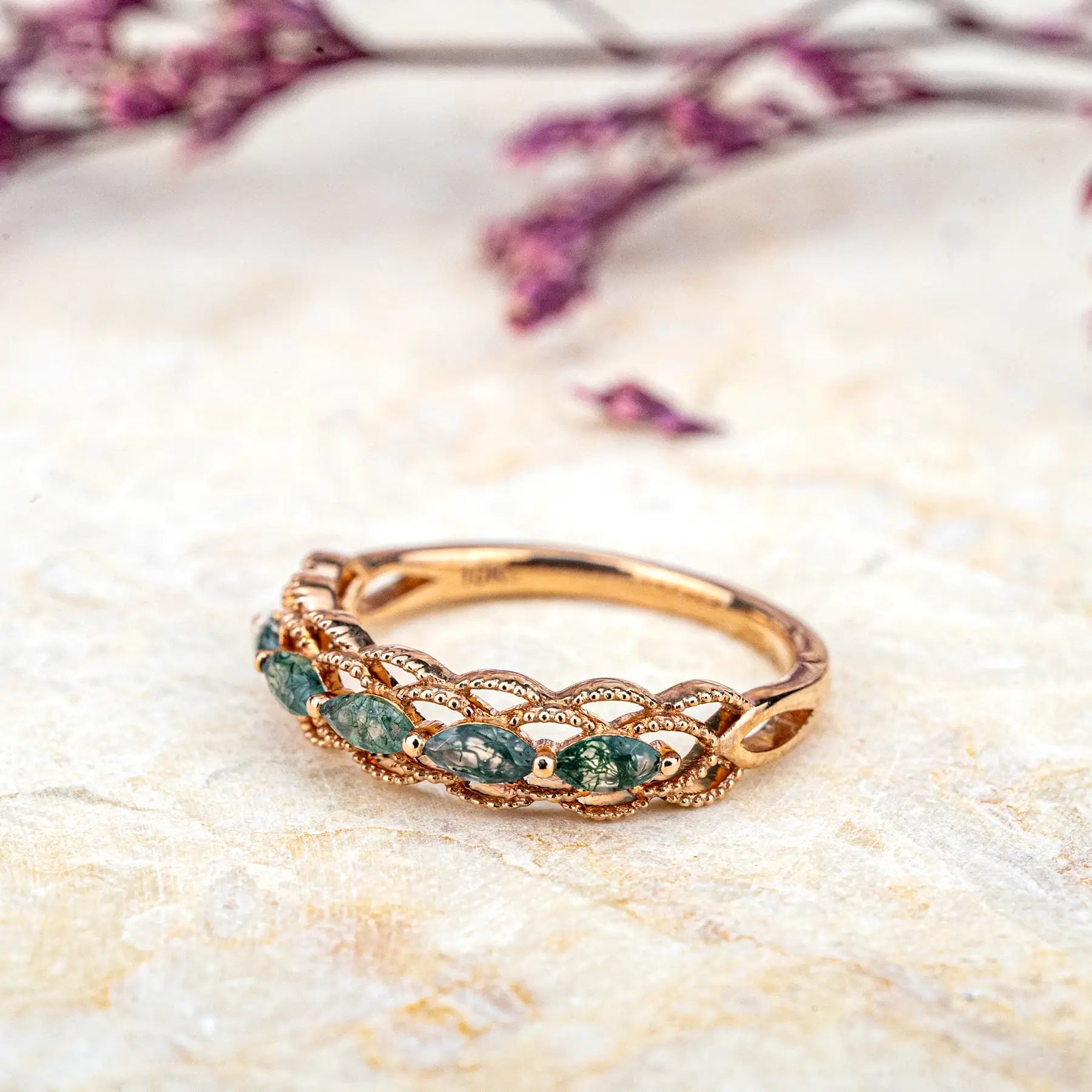 Rose Gold Marquise Moss Agate Wedding Band - Unique Hollow Vintage Design for women gift love ring