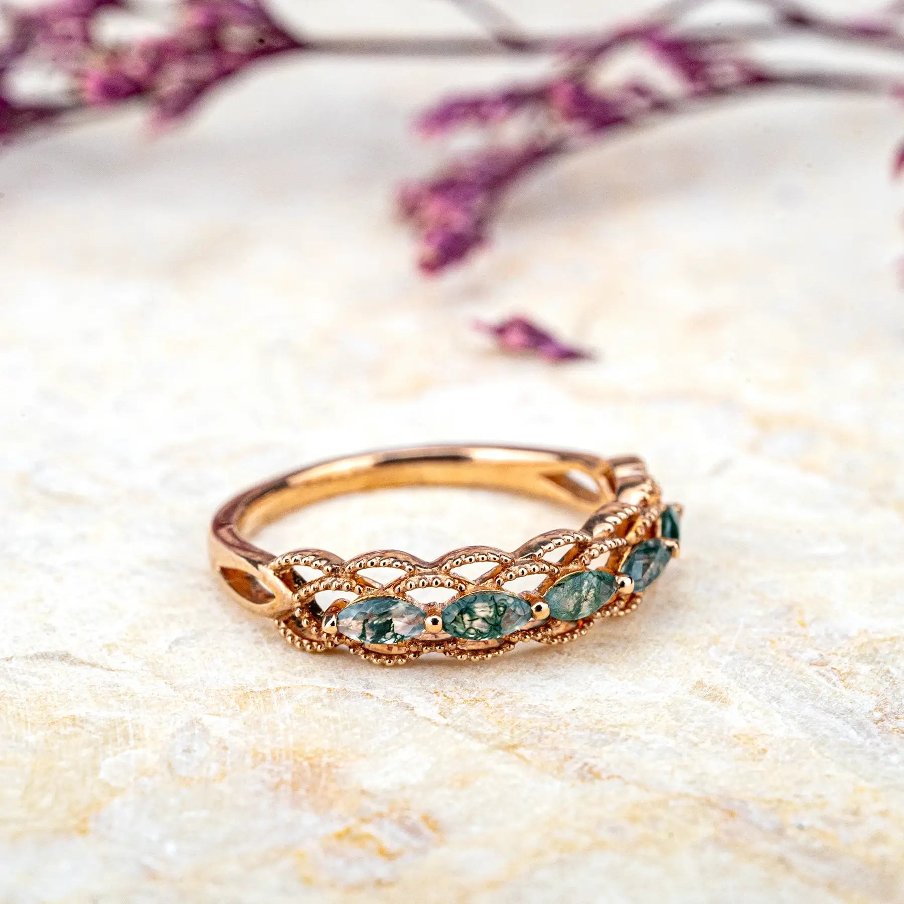 Rose Gold Marquise Moss Agate Wedding Band - Unique Hollow Vintage Design for women gift love ring