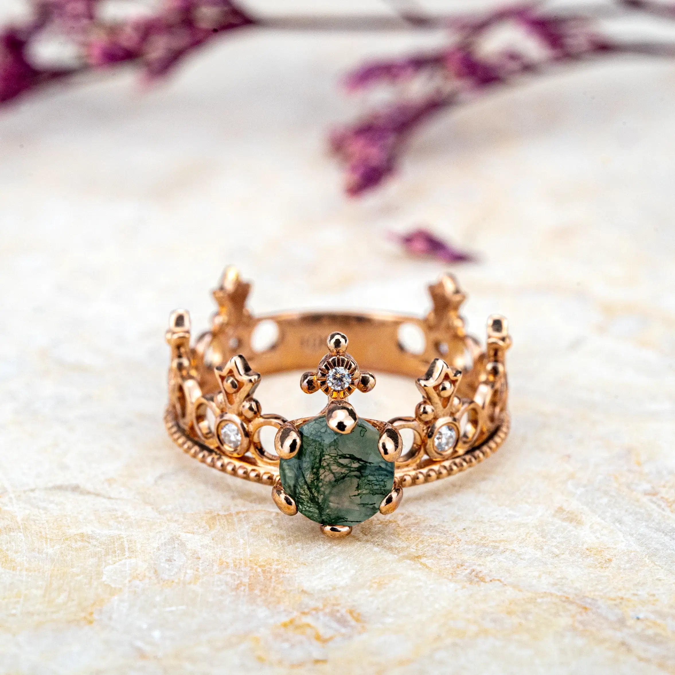 Moss Agate Crown Ring – Vintage Promise Gift for Women Custom engagement rings