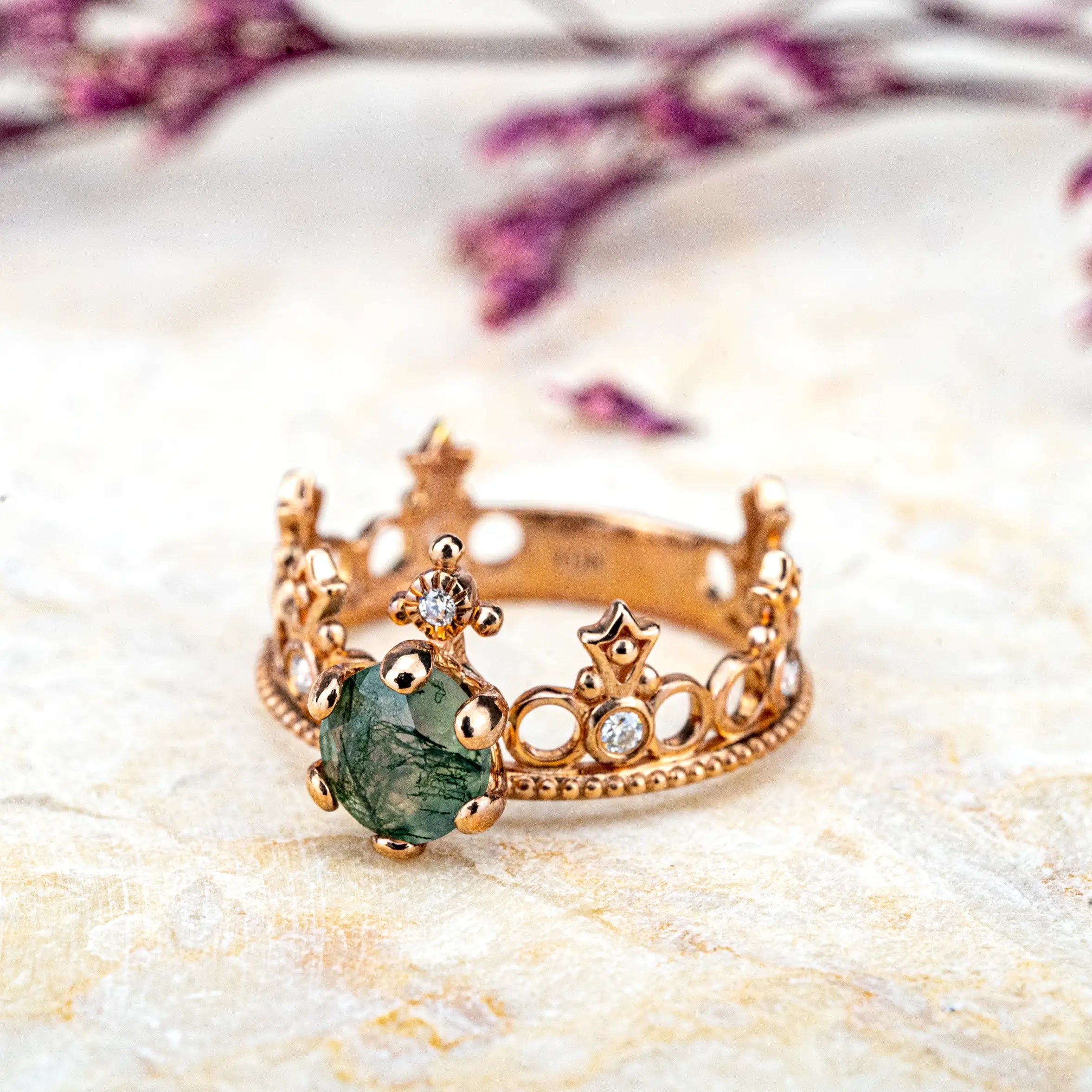 Moss Agate Crown Ring – Vintage Promise Gift for Women Custom engagement rings