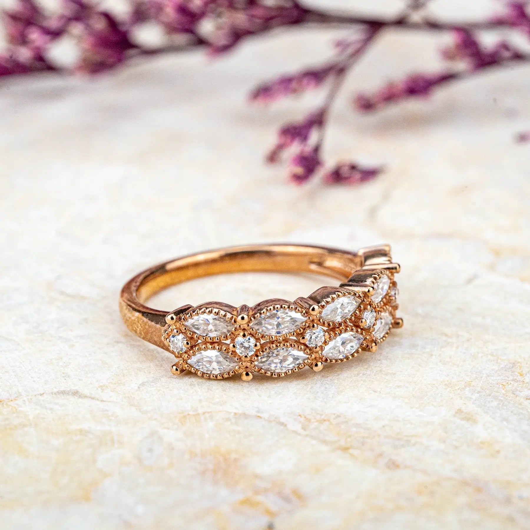 Rose Gold Marquise Moissanite Ring – Vintage Promise Band in 18K Gold