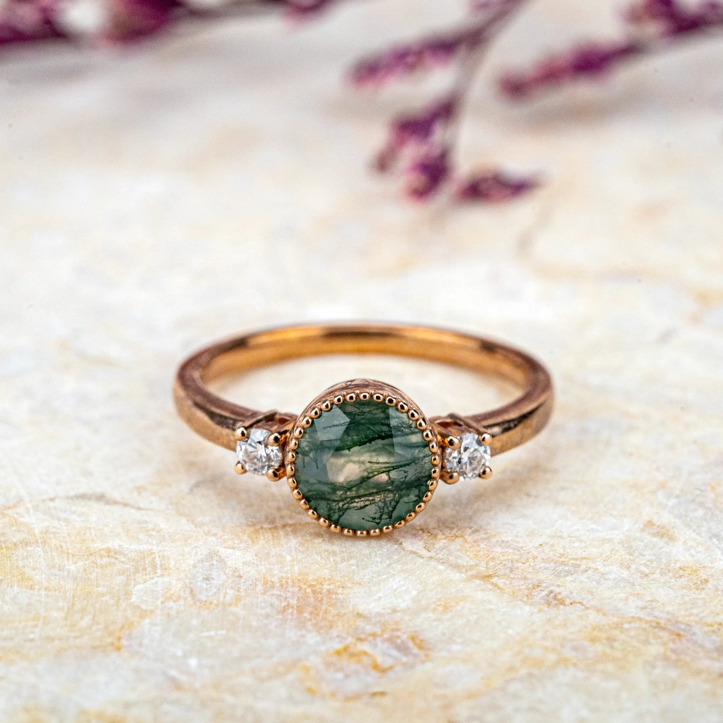 custom Minimalist Moss Agate Ring – Three Stone Engagement Ring