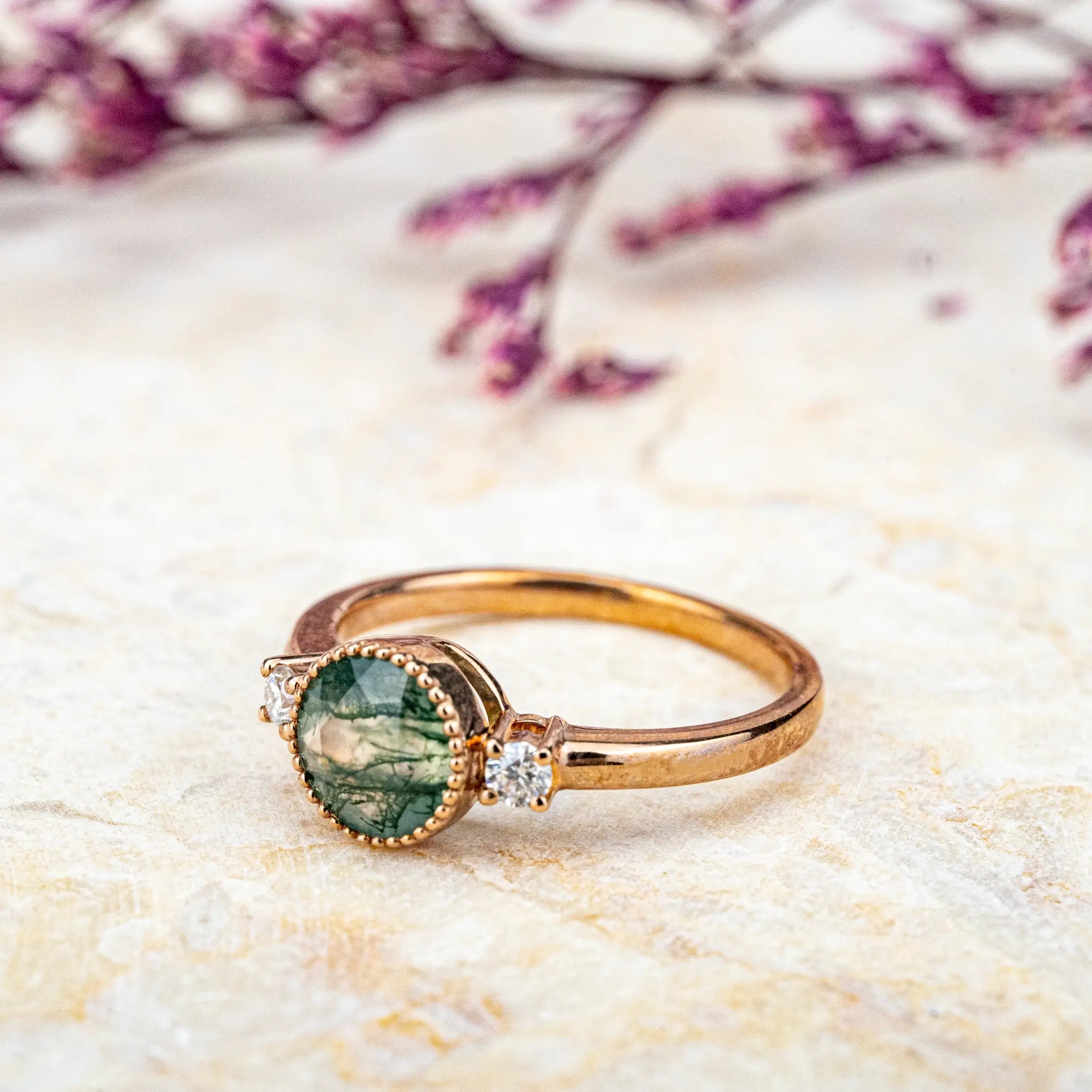 custom handmade Minimalist Moss Agate Ring – Three Stone Engagement Ring