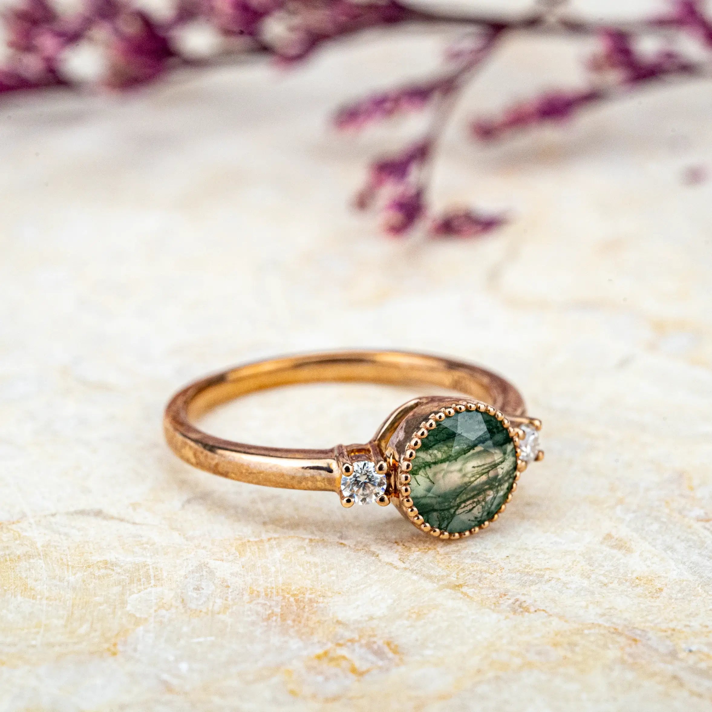 Seraphine Minimalist Moss Agate Ring – Three Stone Engagement Ring