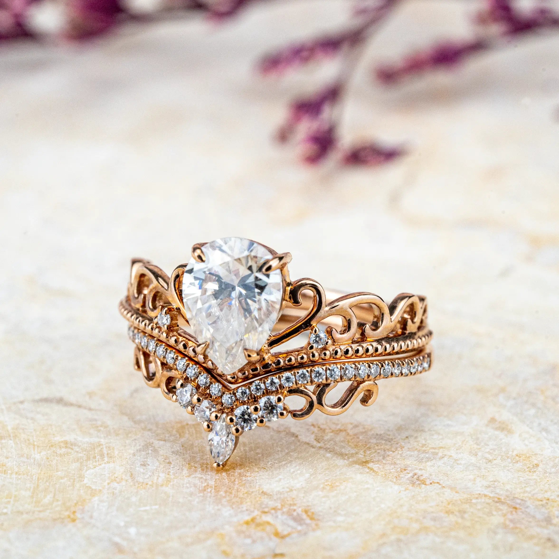 Vineheart Promise Rings – 14K Gold Pear Cut Moissanite Ring Set