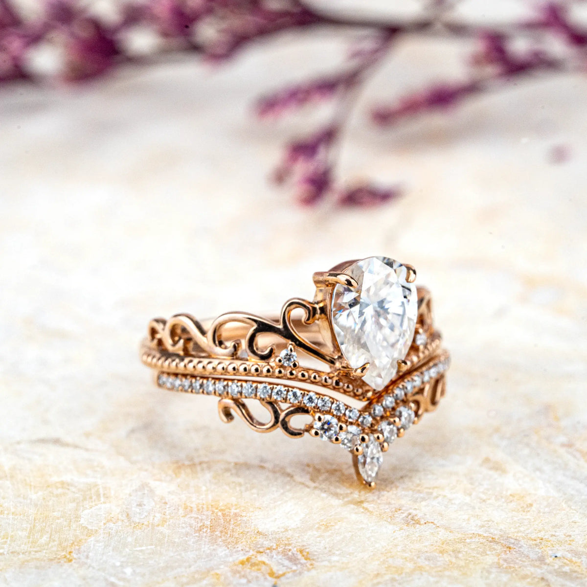 Vineheart Promise Rings – 14K Gold Pear Cut Moissanite Ring Set