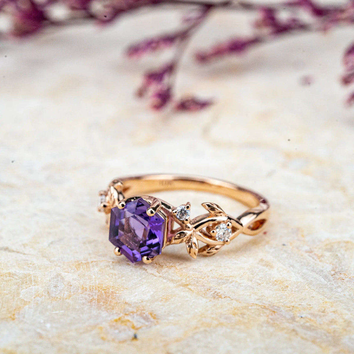 Leaf Whisper Ring – Hexagonal Amethyst Engagement Rings  Custom Handmade Anniversary Jewelry