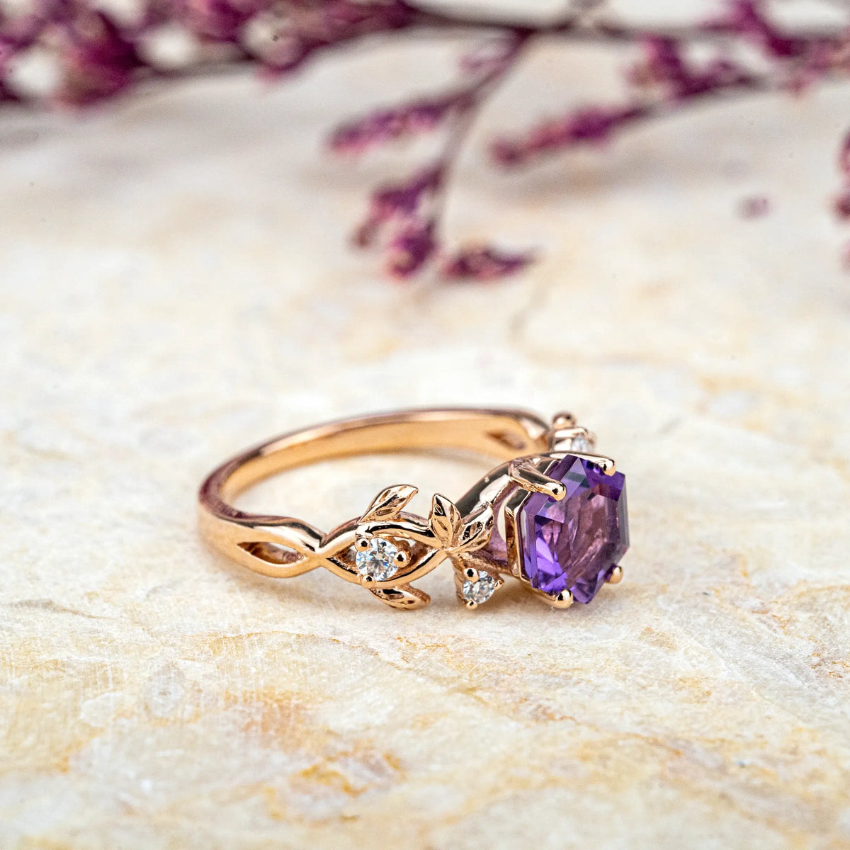 Leaf Whisper Ring – Hexagonal Amethyst Engagement Rings  Custom Handmade Anniversary Jewelry
