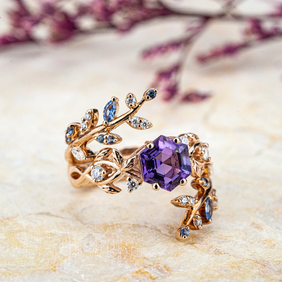 Alexandrite Leaf Bridal Ring Set - Hexagon Engagement Luxury Art Rings For ladies anniversary jewelry