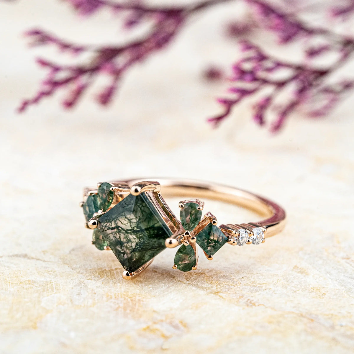 Princess-Cut Moss Agate Engagement Ring with Leaf Motif – Vintage Style anniversary ring