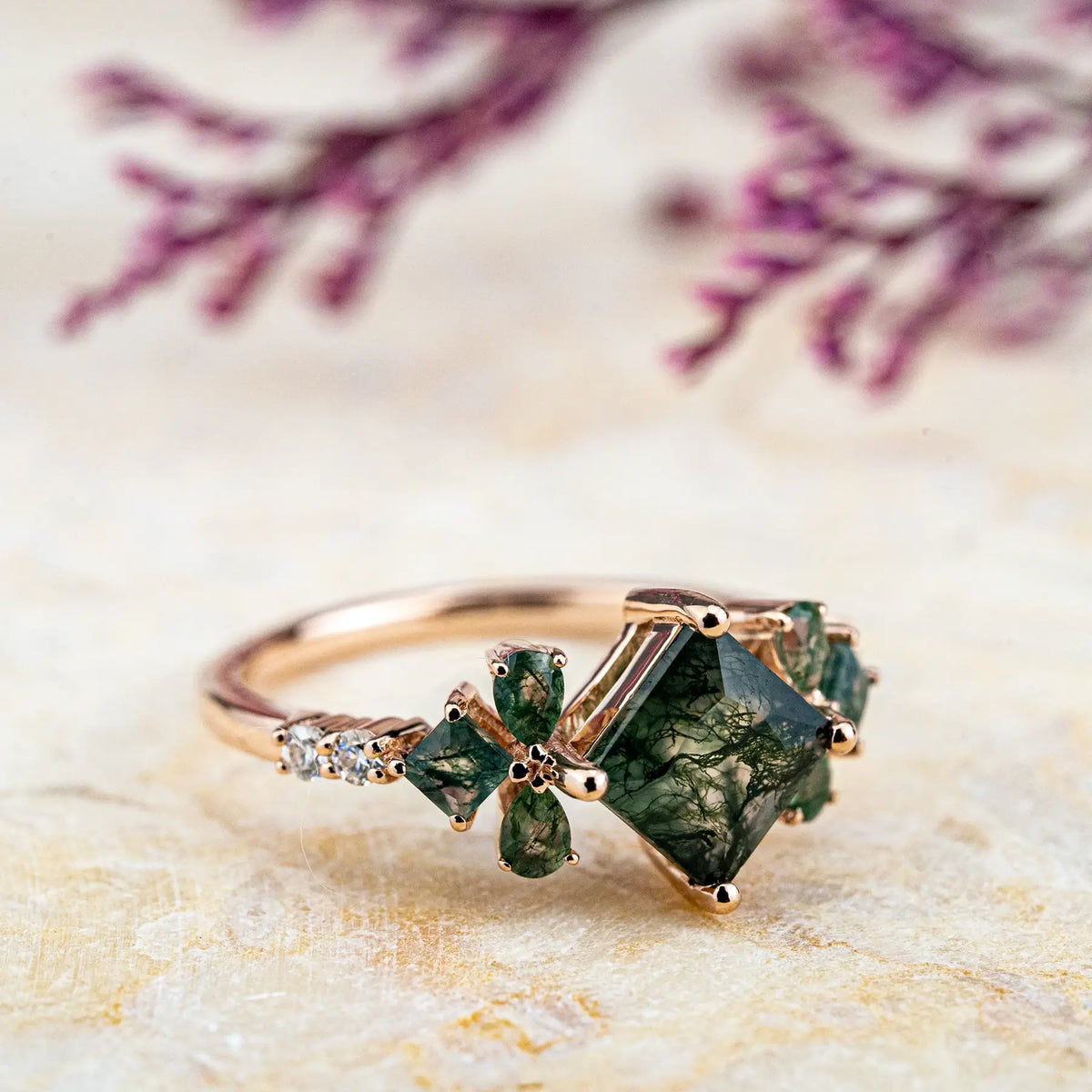 Princess-Cut Moss Agate Engagement Ring with Leaf Motif – Vintage Style
