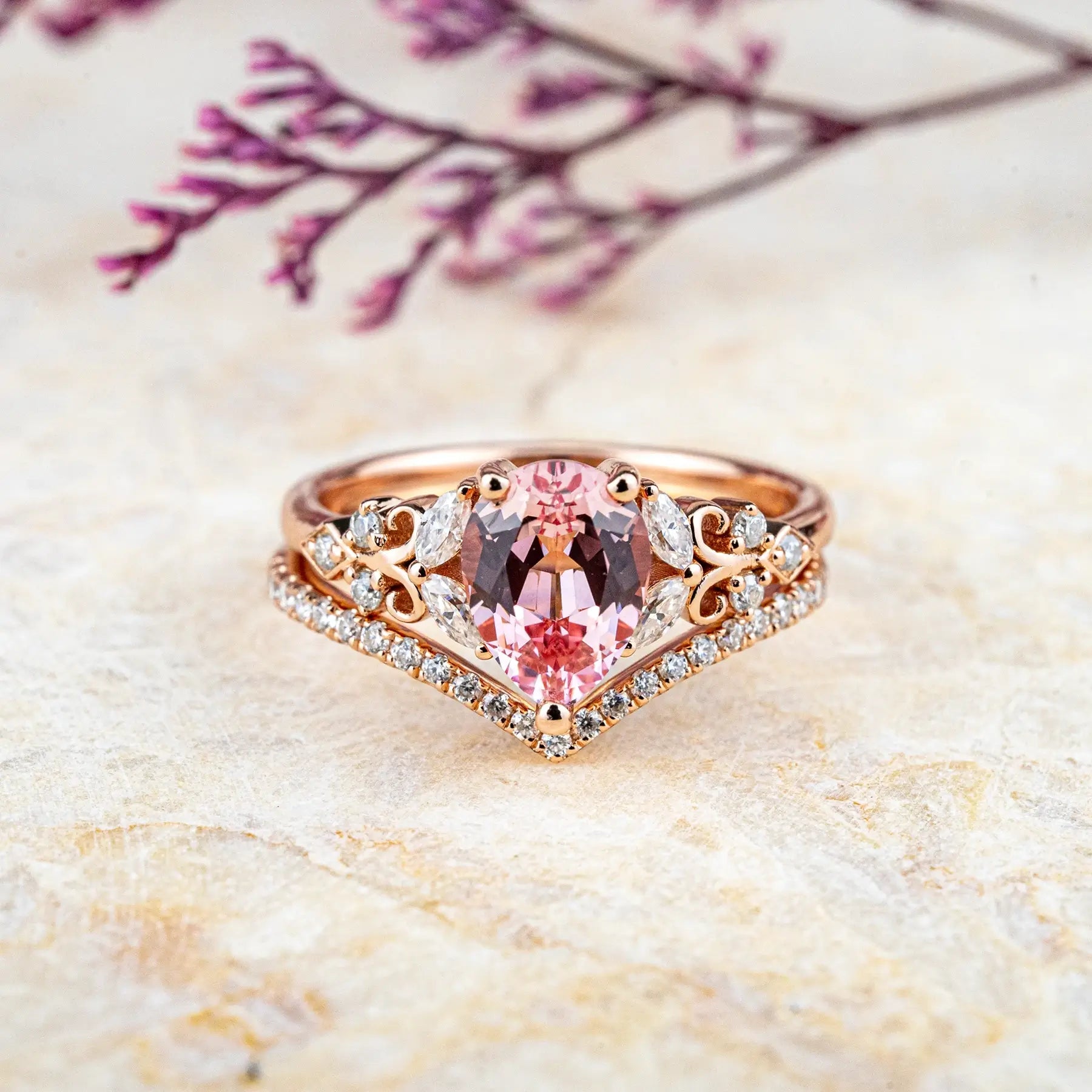 Vintage Pear-Cut Pink Quartz Engagement Ring with Moissanite – Rose Gold