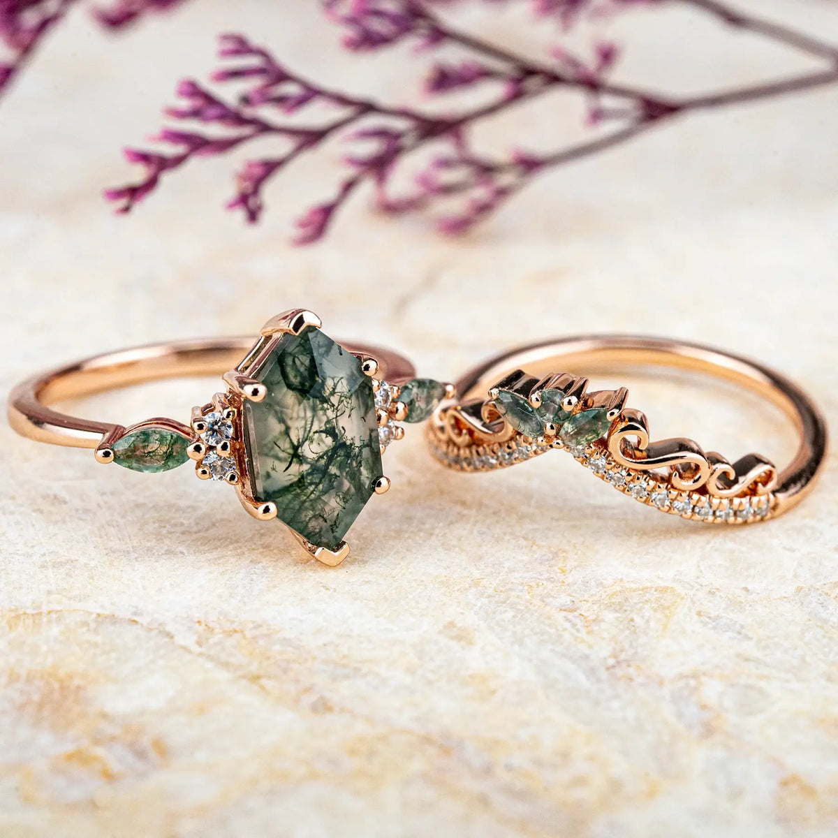 Long Hexagonal Moss Agate Rings Vintage Luxury Engagement Ring Sets