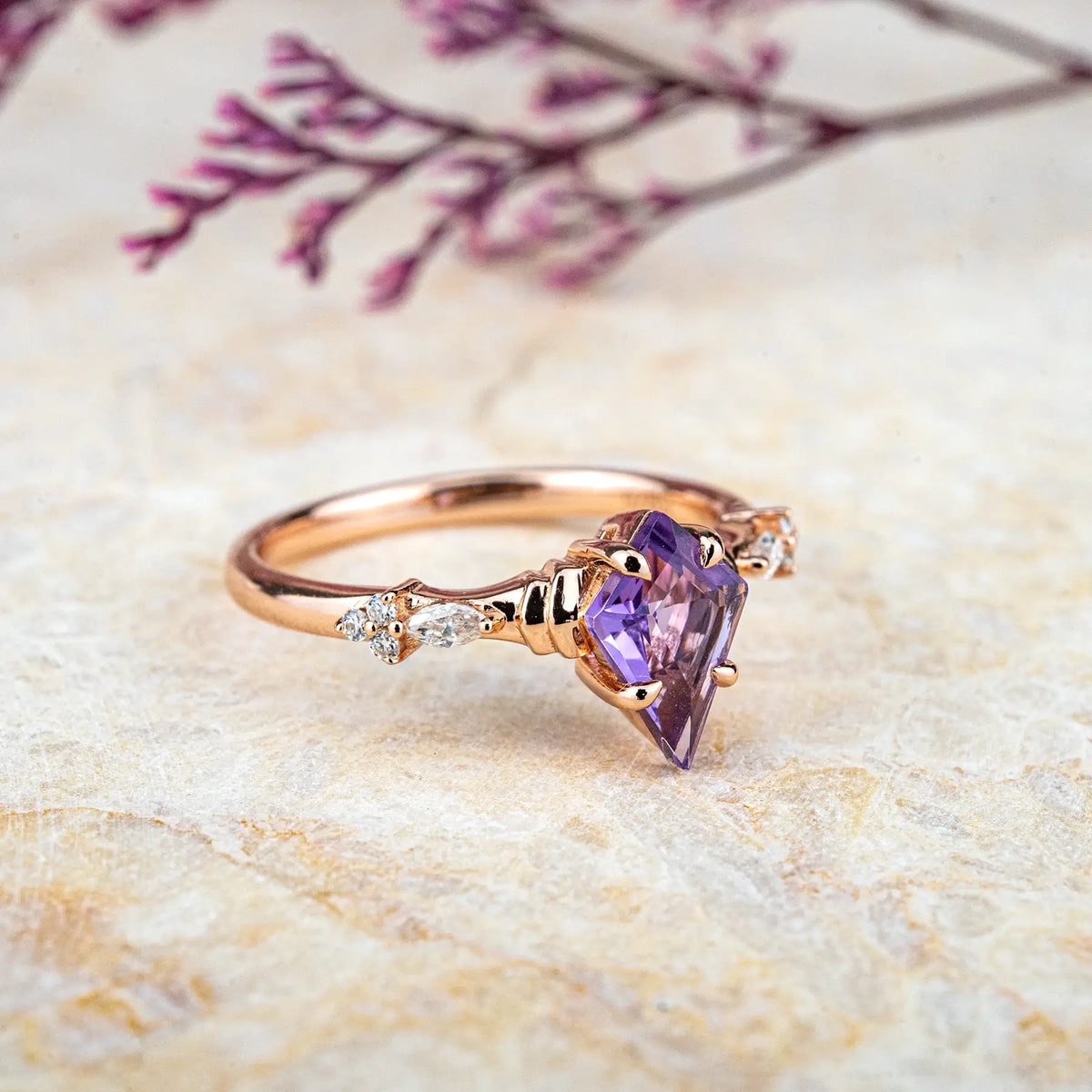 Modern Art Kite Amethyst Promise Rings – February Birthstone ring anniversary gift for women
