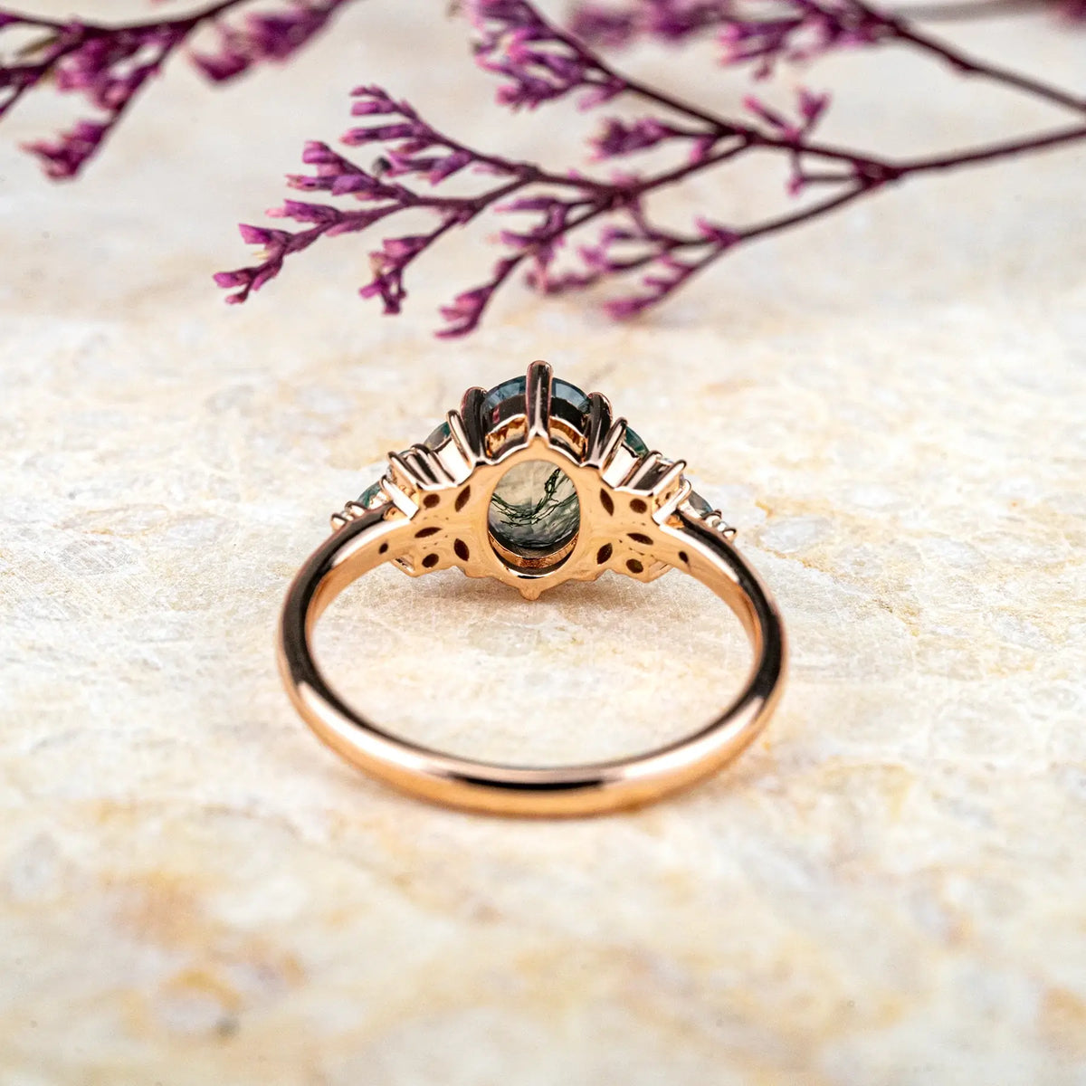 Rose Gold Oval Moss Agate Cluster Ring – Floral Design