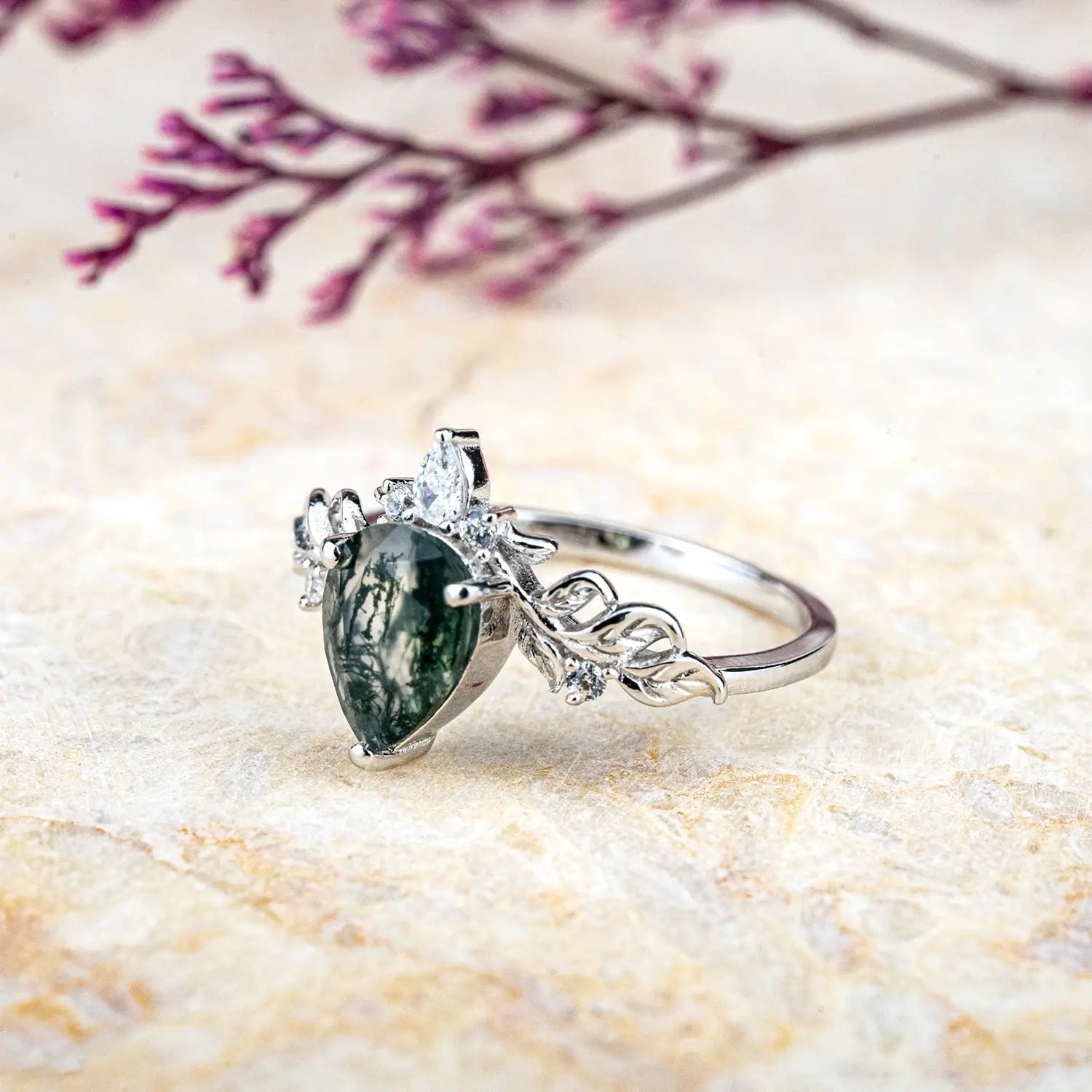 Ink Blossom Pear Moss Agate Ring – Custom White Gold Leaf Engagement Rings promise rings