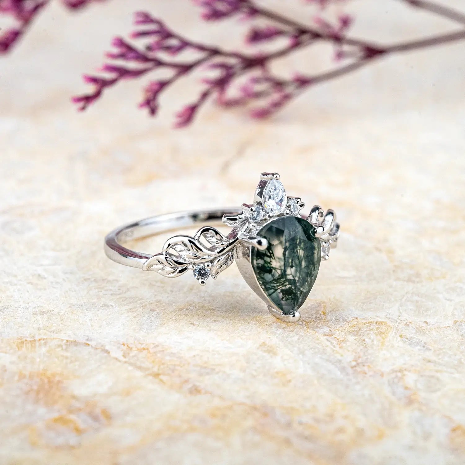 Ink Blossom Pear Moss Agate Ring – Custom White Gold Leaf Engagement Rings