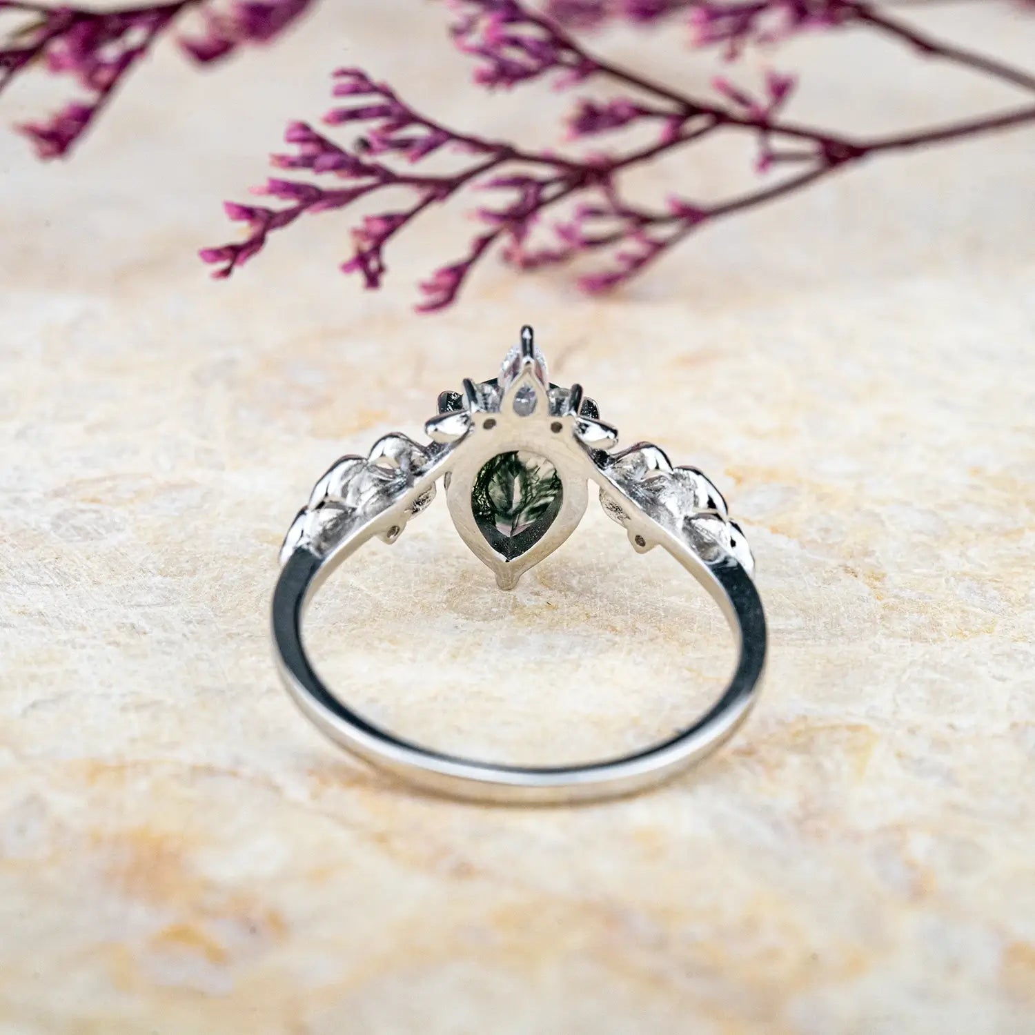 Ink Blossom Pear Moss Agate Ring – Custom White Gold Leaf Engagement Rings