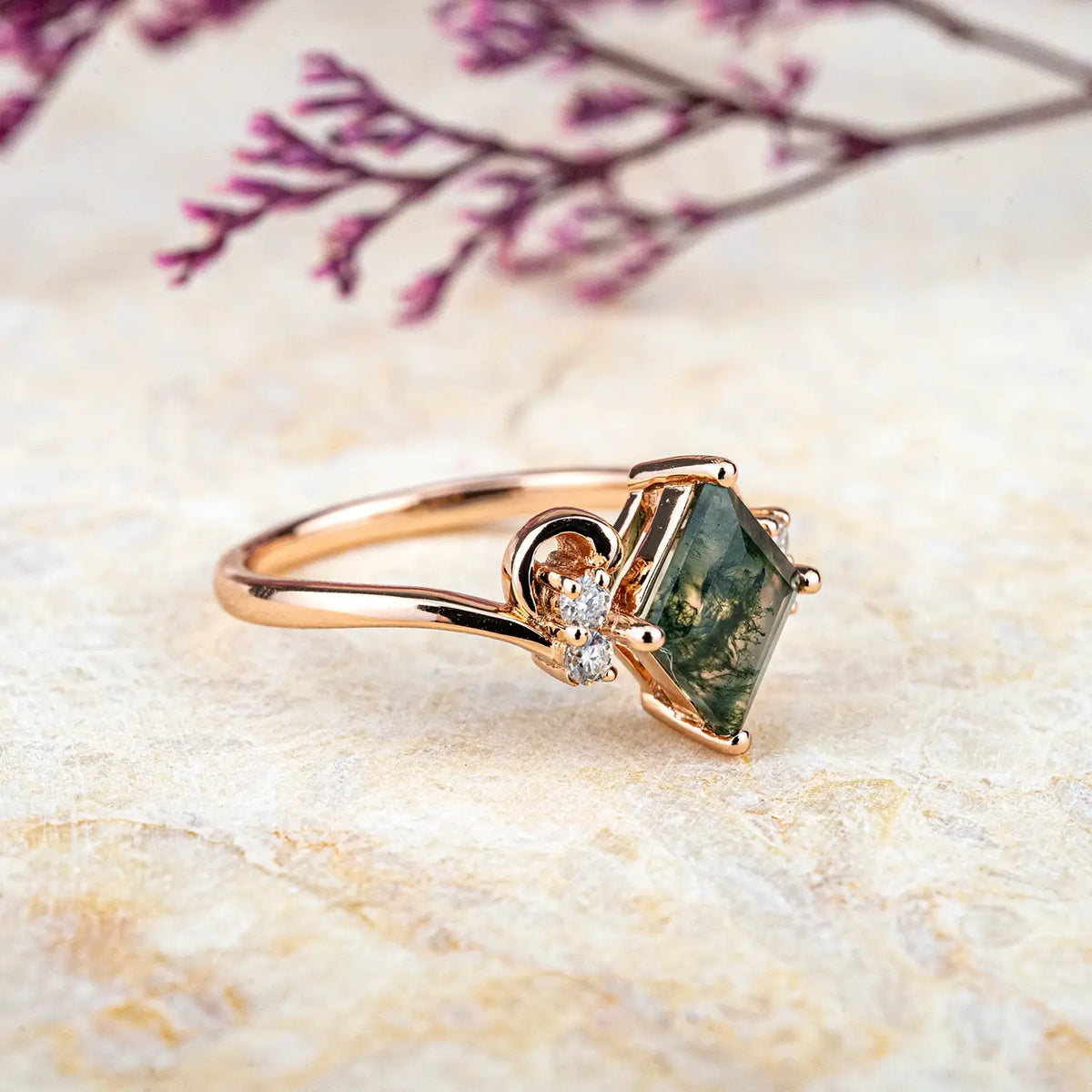 Custom Unique Princess Cut Moss Agate Ring | Zodiac Gold Ring - Aries
