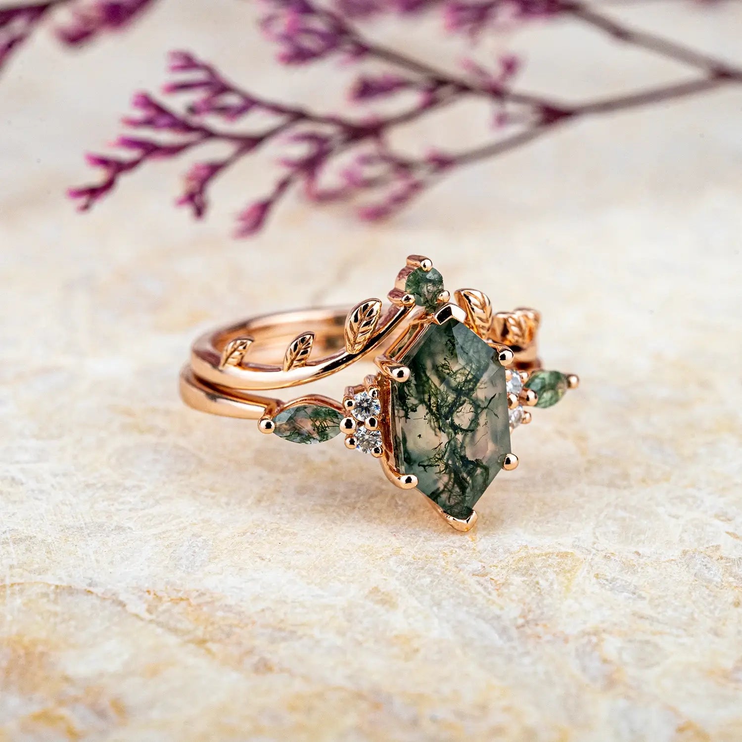 Nature-Inspired Long Hexagon Moss Agate Ring Set | Unique Art Leaf Rings handmade custom jewelry orleone