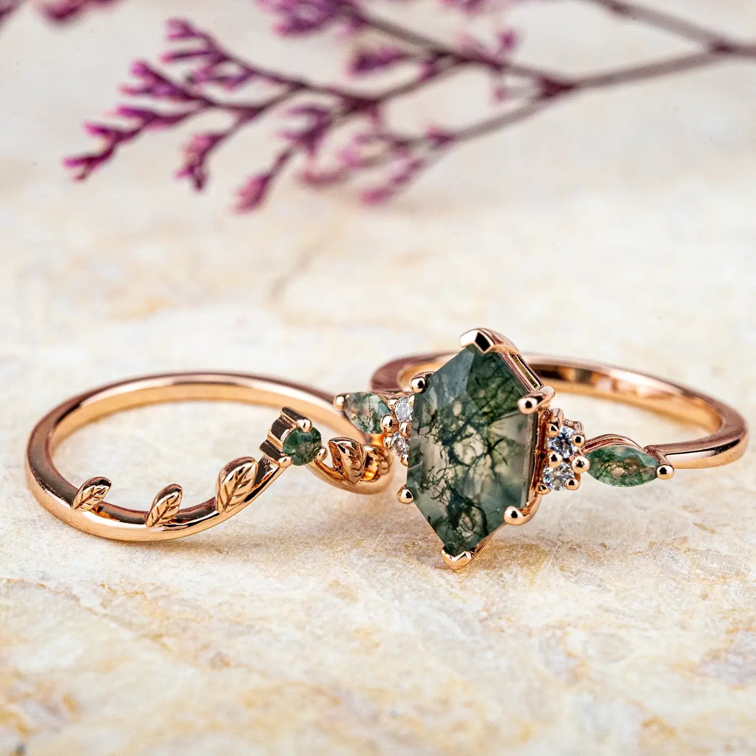 Nature-Inspired Long Hexagon Moss Agate Ring Set | Unique Art Leaf Rings