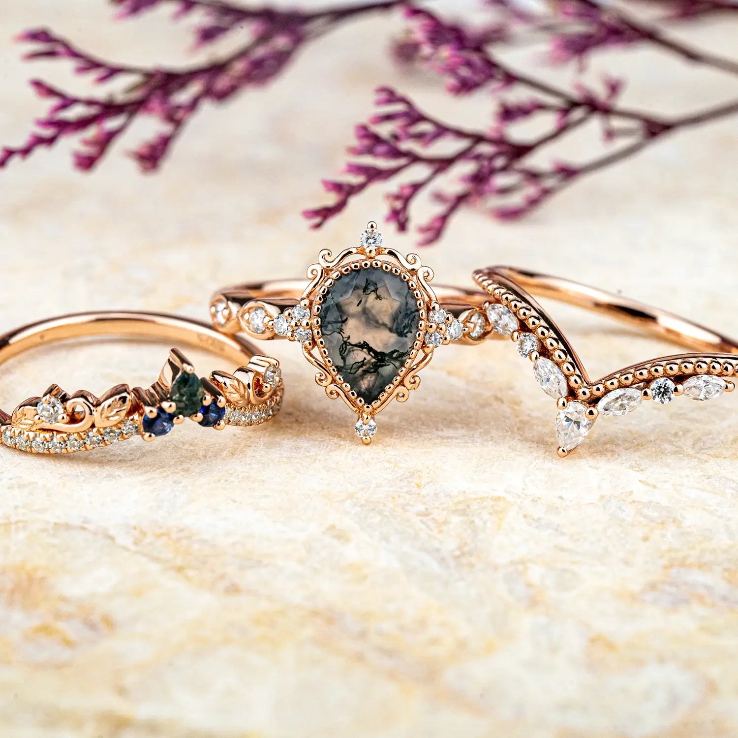 Luxurious Vintage Moss Agate Engagement Ring Set 3pcs Pear Cut Unique Rings - Trio Ring Sets Orleone